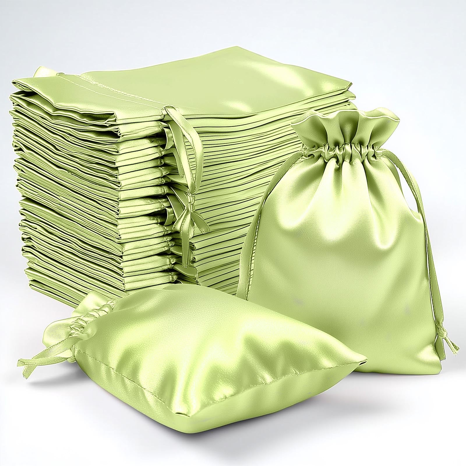 Apple green satin drawstring gift bags, perfect for weddings and parties.
