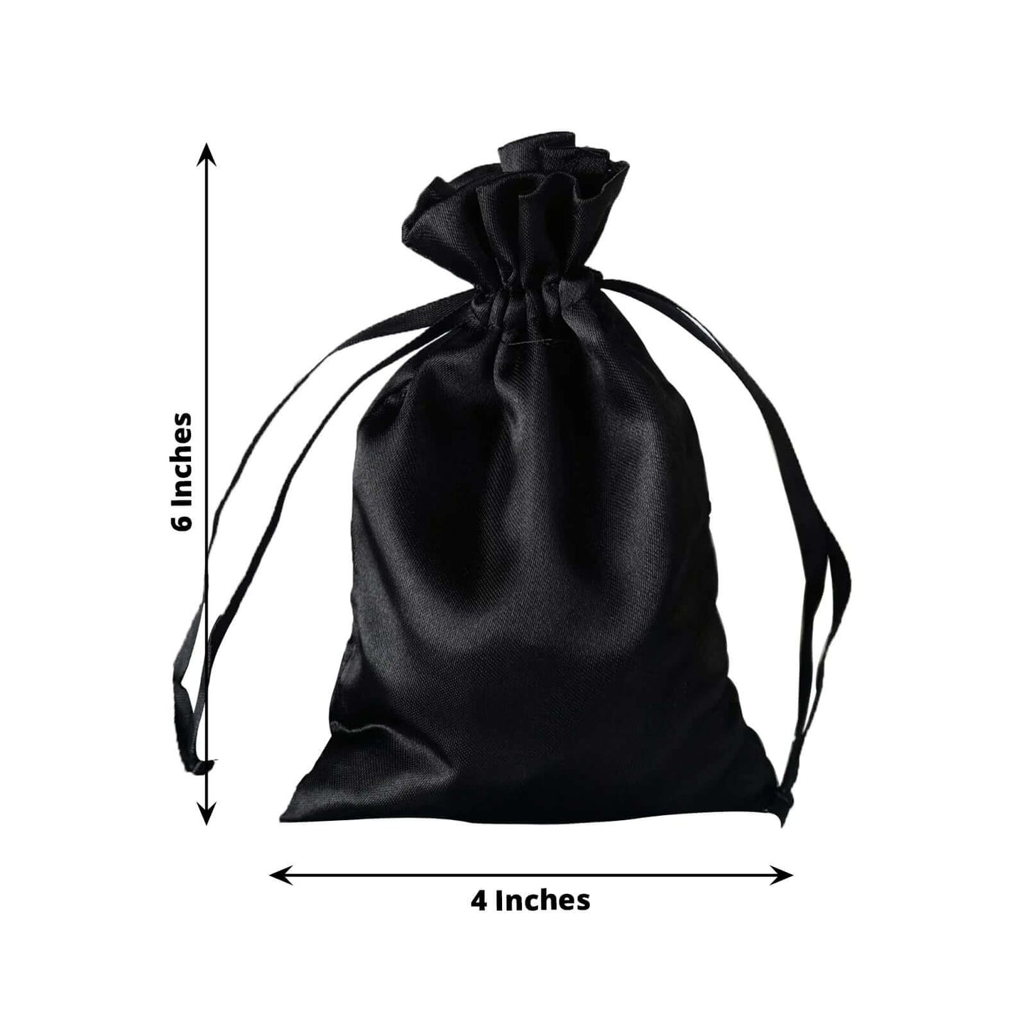 Black satin drawstring pouch gift bag, 4"x6", perfect for weddings and parties.