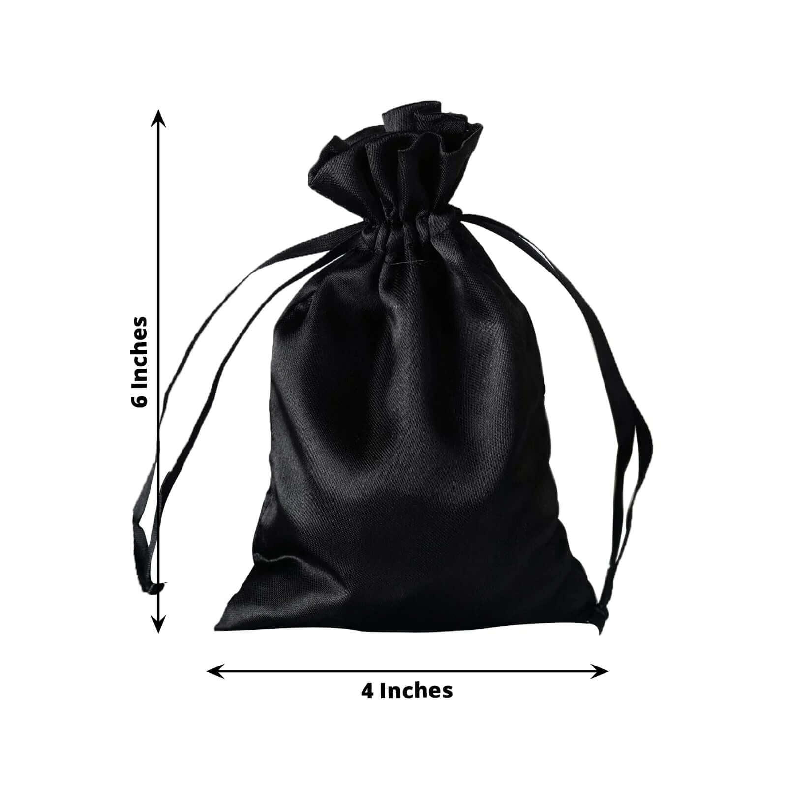Black satin drawstring pouch gift bag, 4"x6", perfect for weddings and parties.