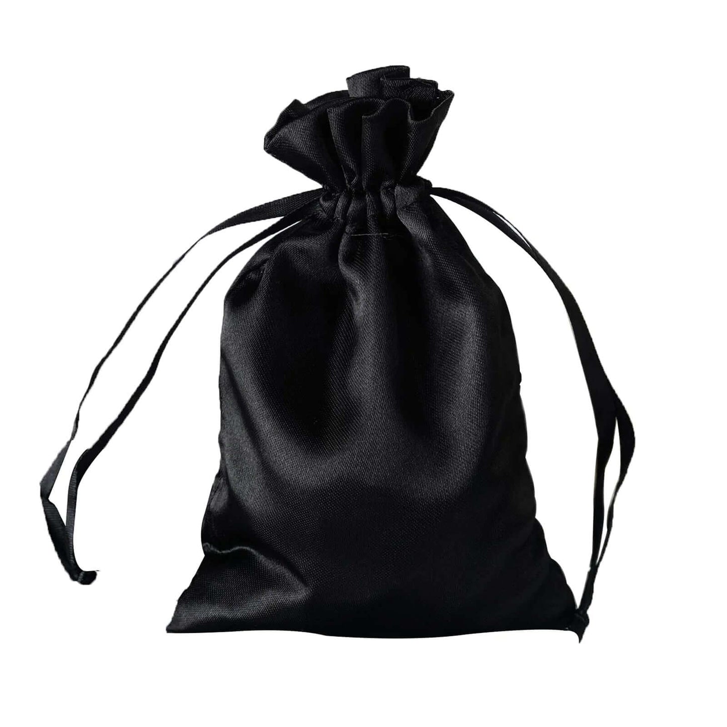 Black satin drawstring pouch gift bag, perfect for wedding party favors.
