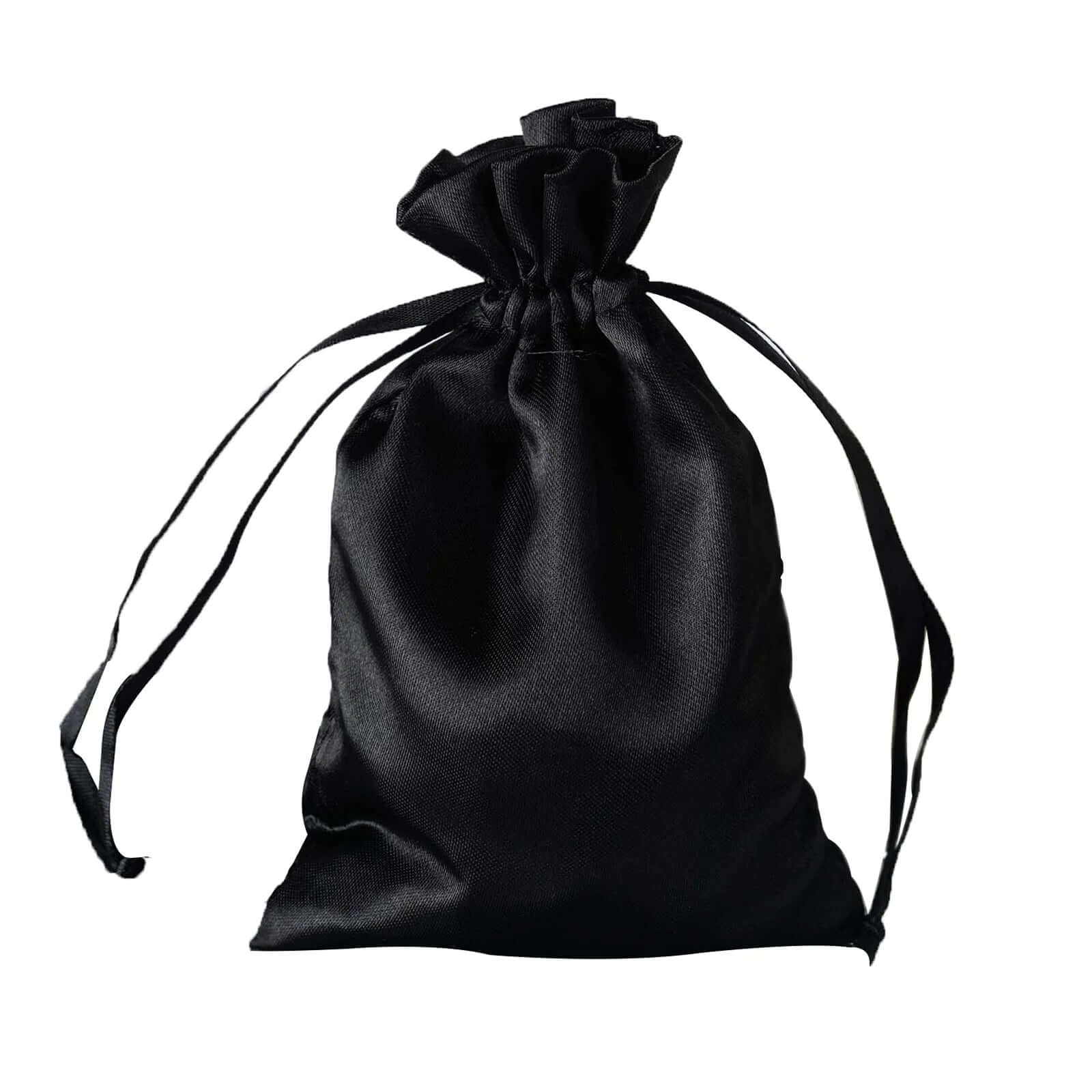 Black satin drawstring pouch gift bag, perfect for wedding party favors.