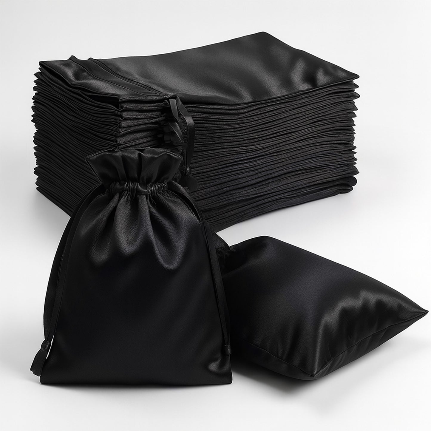 Black satin wedding party favor bags stacked with a drawstring pouch.