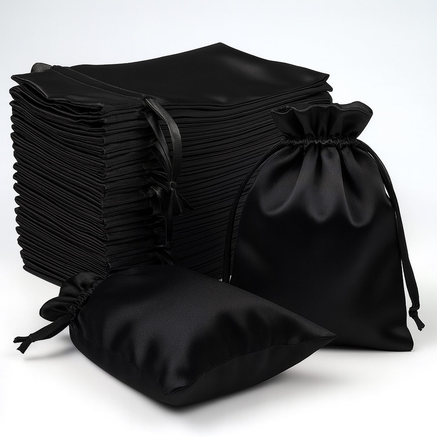 Black satin wedding party favor bags, 60 pack, 4"x6", drawstring pouches.