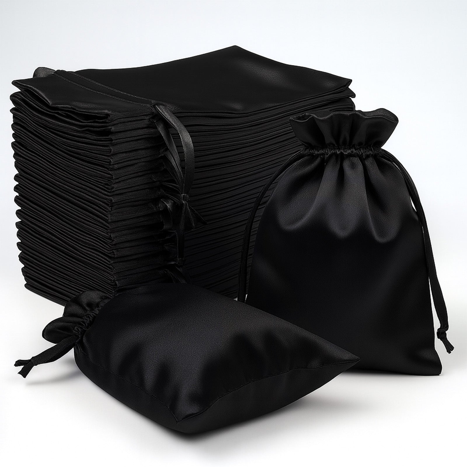 Black satin wedding party favor bags, 60 pack, 4"x6", drawstring pouches.