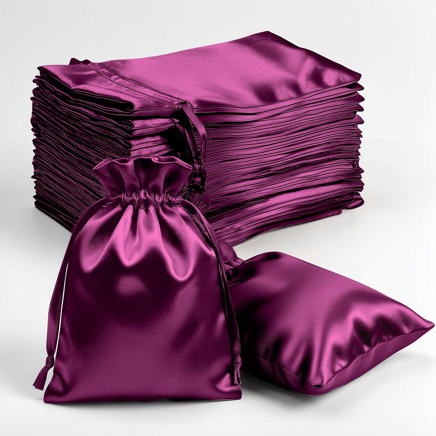 Eggplant satin drawstring pouches for wedding party favors. 60 pack.