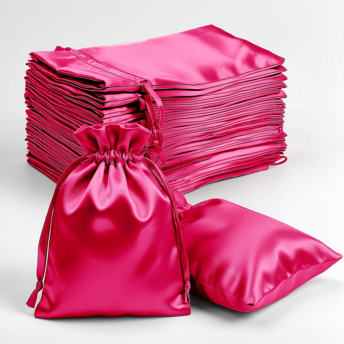 Fuchsia satin drawstring gift bags, 60 pack for weddings and parties.