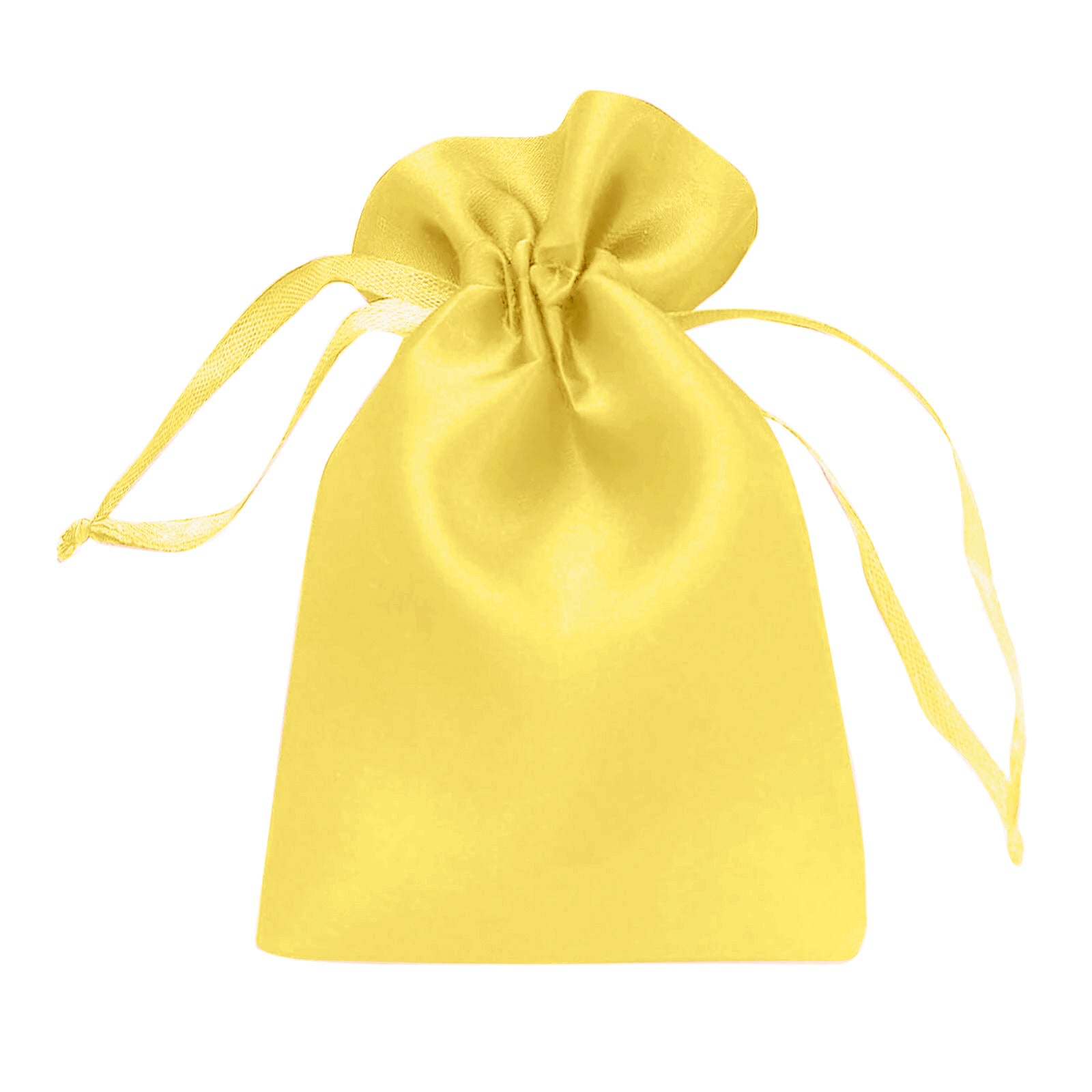 Yellow satin drawstring pouch gift bags for weddings and parties. 60 pack.