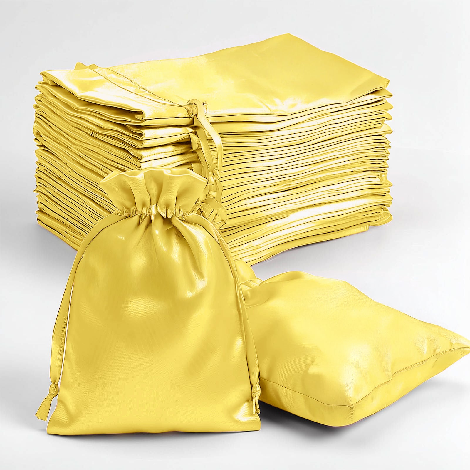 Gold satin drawstring pouches for wedding favors, 60 pack, 4"x6".