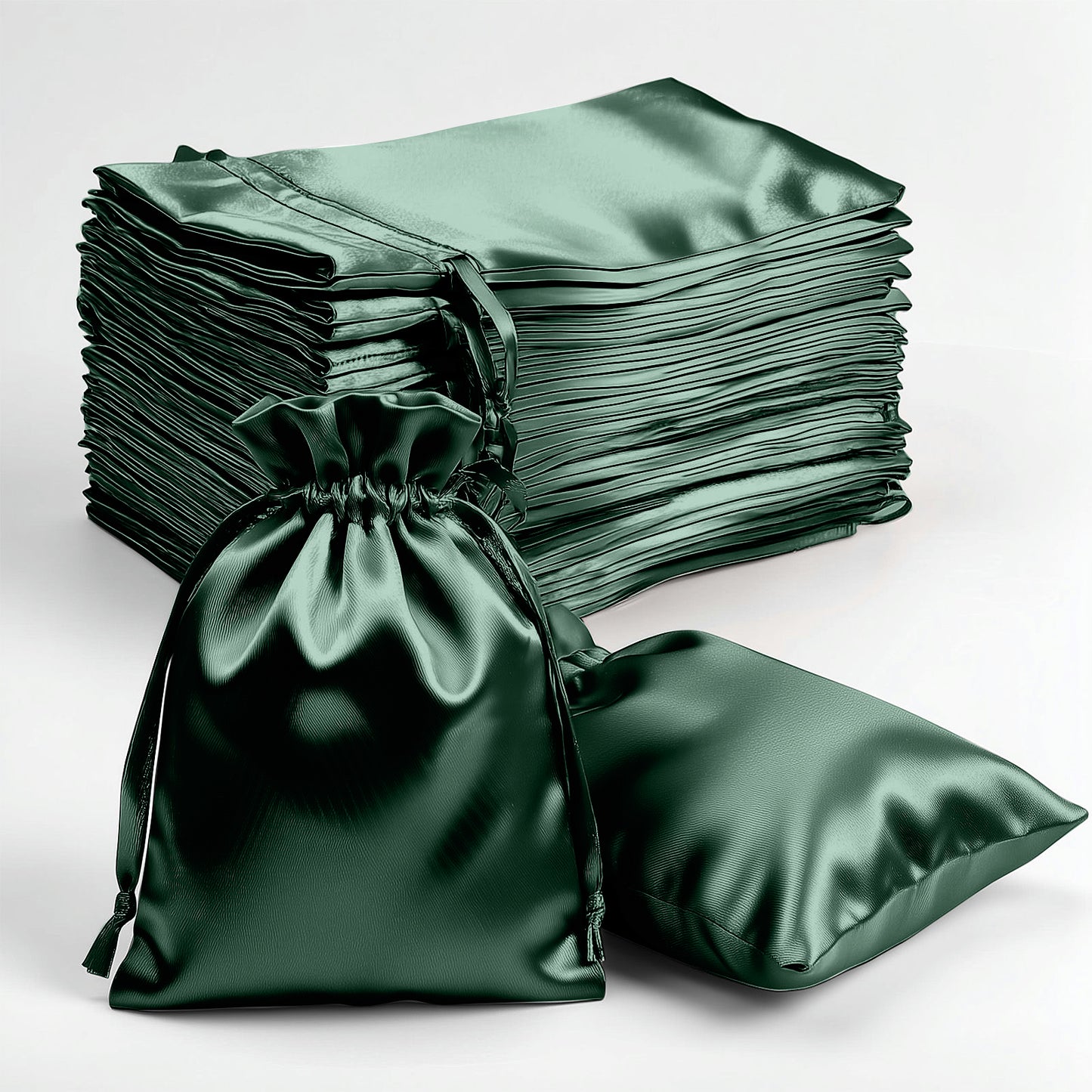Hunter emerald green satin drawstring gift bags, perfect for weddings and parties.