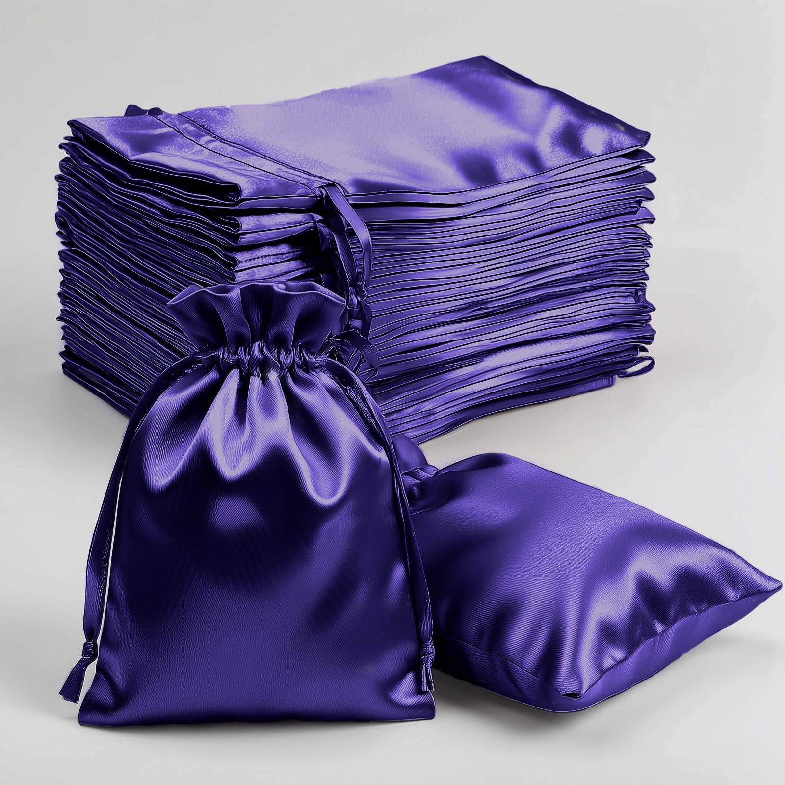 Purple satin drawstring pouches for wedding party favors. 60 pack.