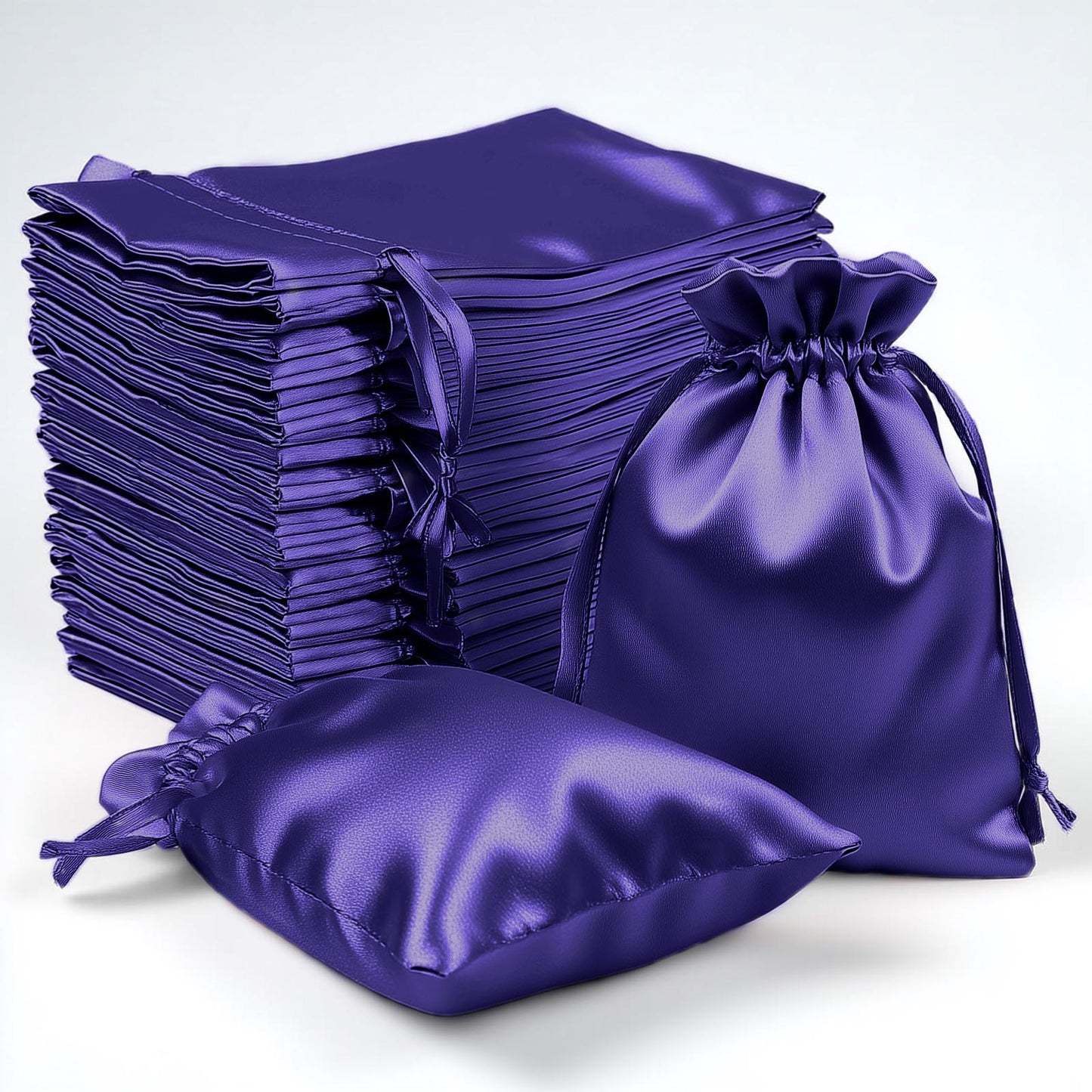 Purple satin drawstring favor bags, 60 pack, perfect for weddings and parties.