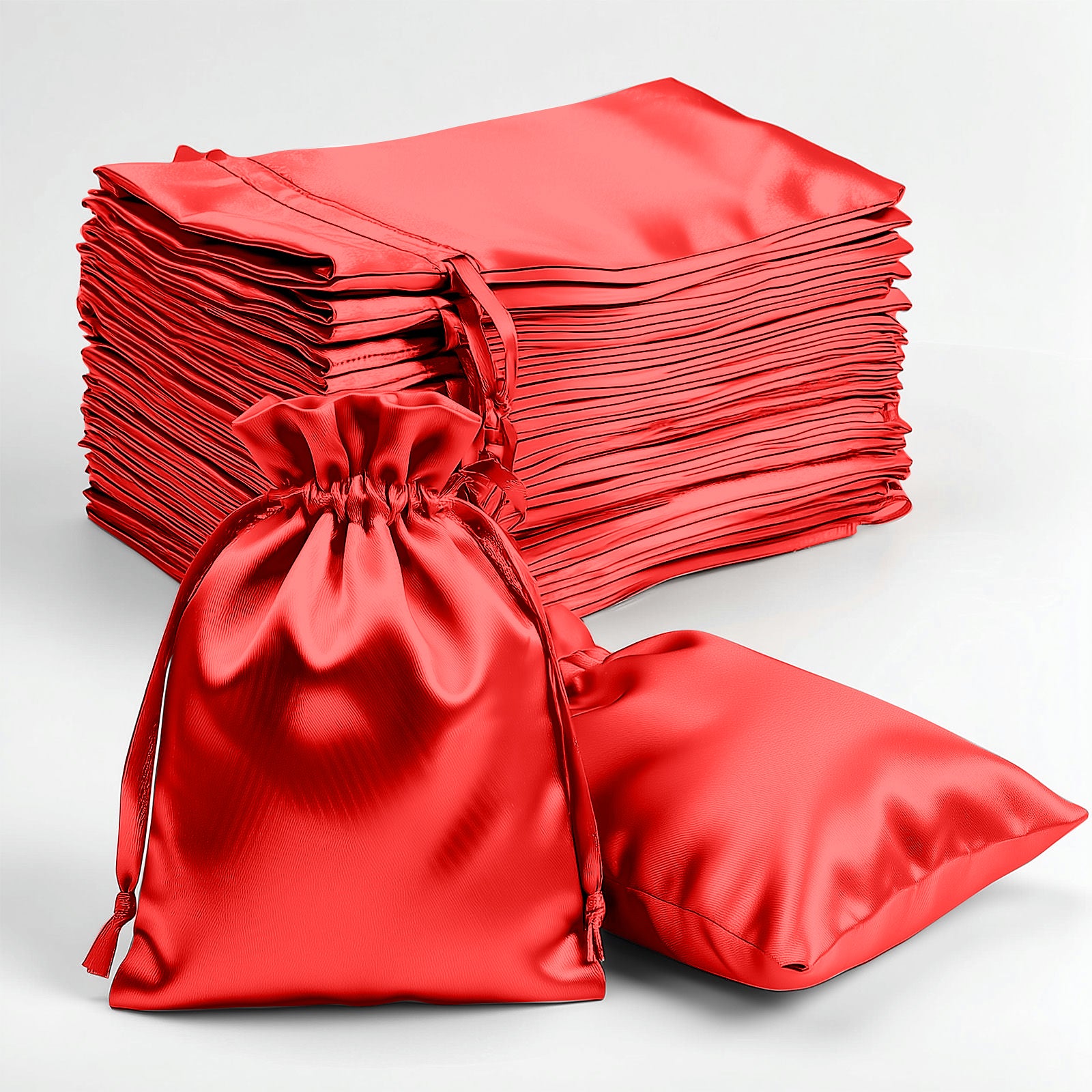 Red satin drawstring pouches for wedding party favors, 60 pack.