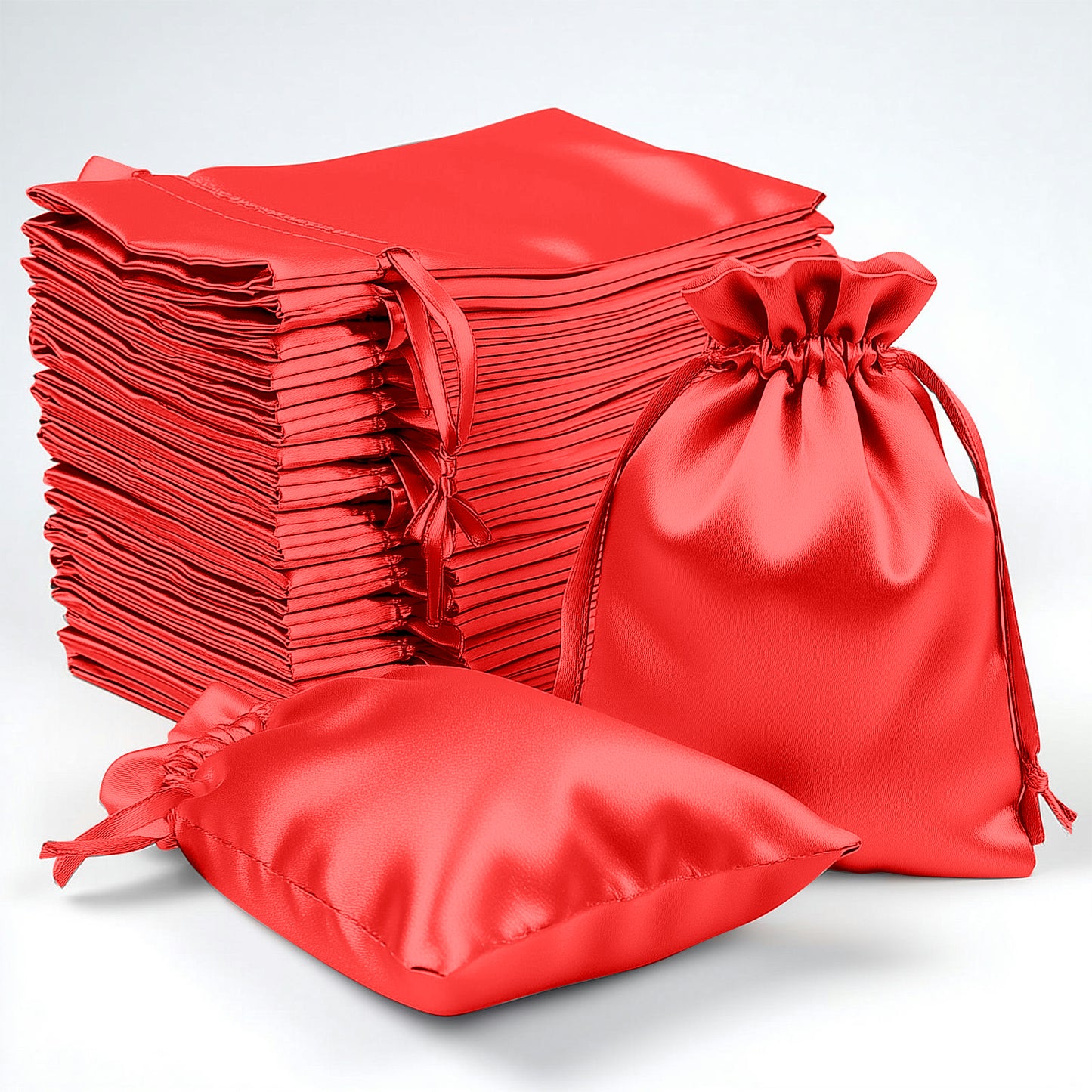 Red satin drawstring gift bags for weddings, 60 pack.