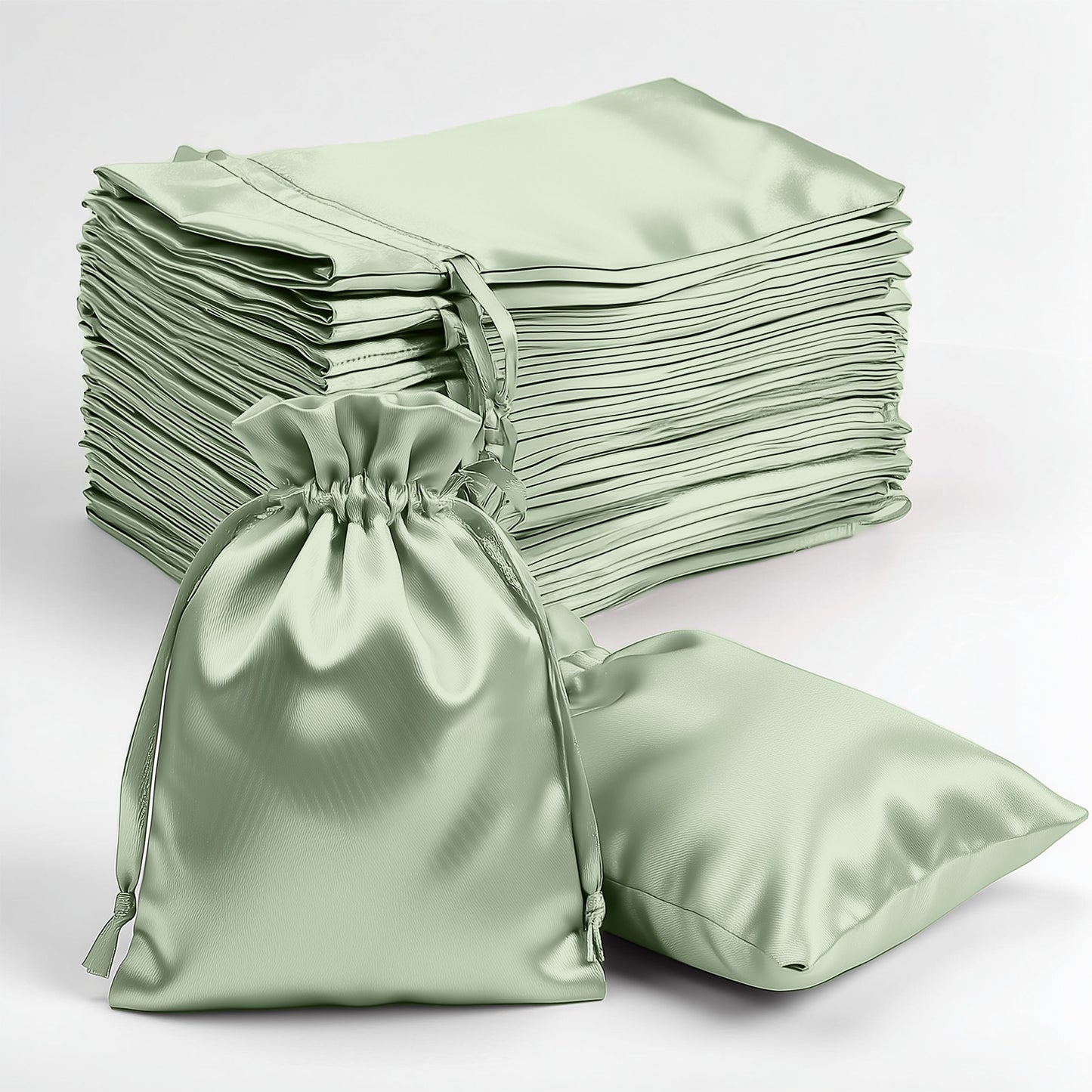 Sage green satin drawstring bags for weddings and parties. 60 pack.