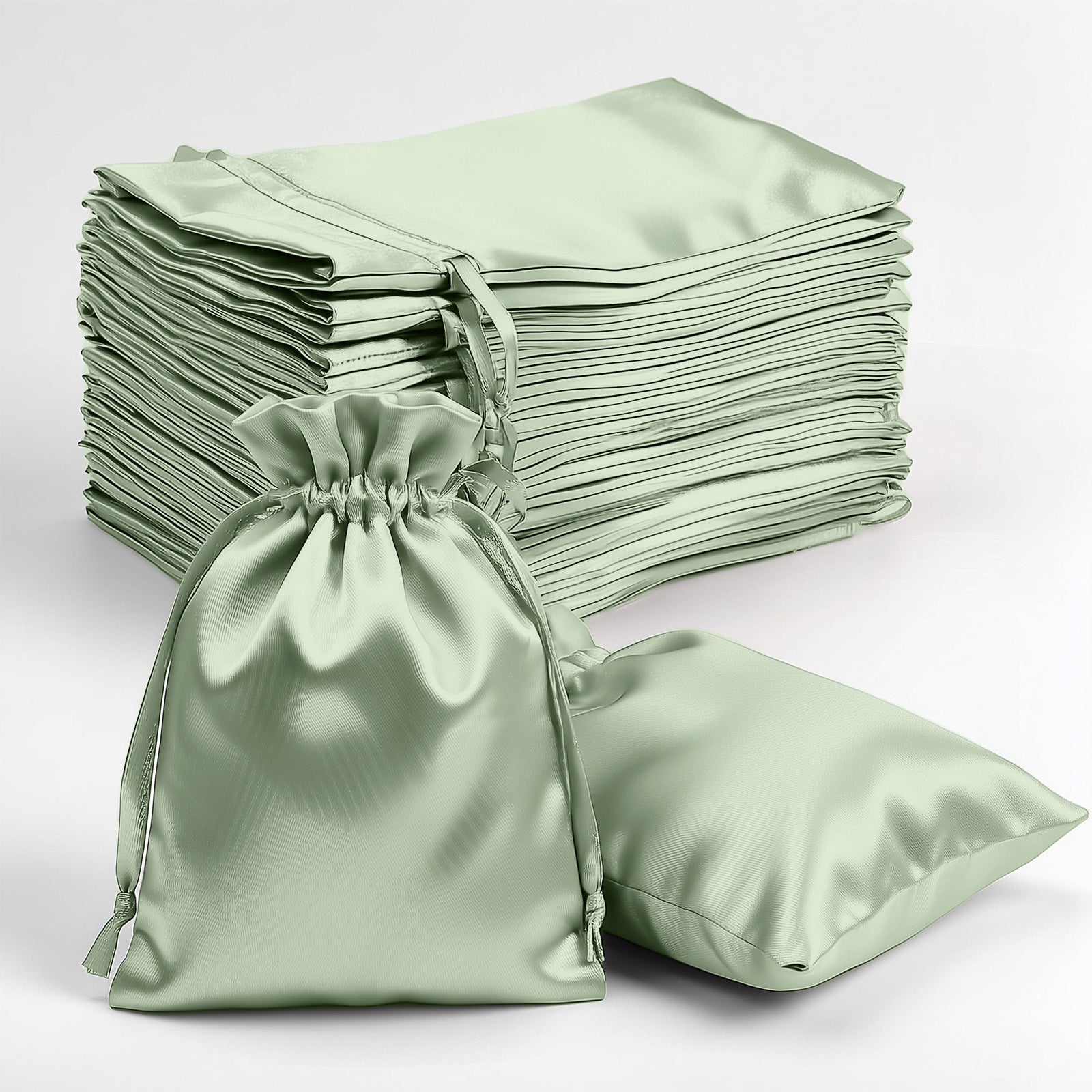 Sage green satin drawstring bags for weddings and parties. 60 pack.