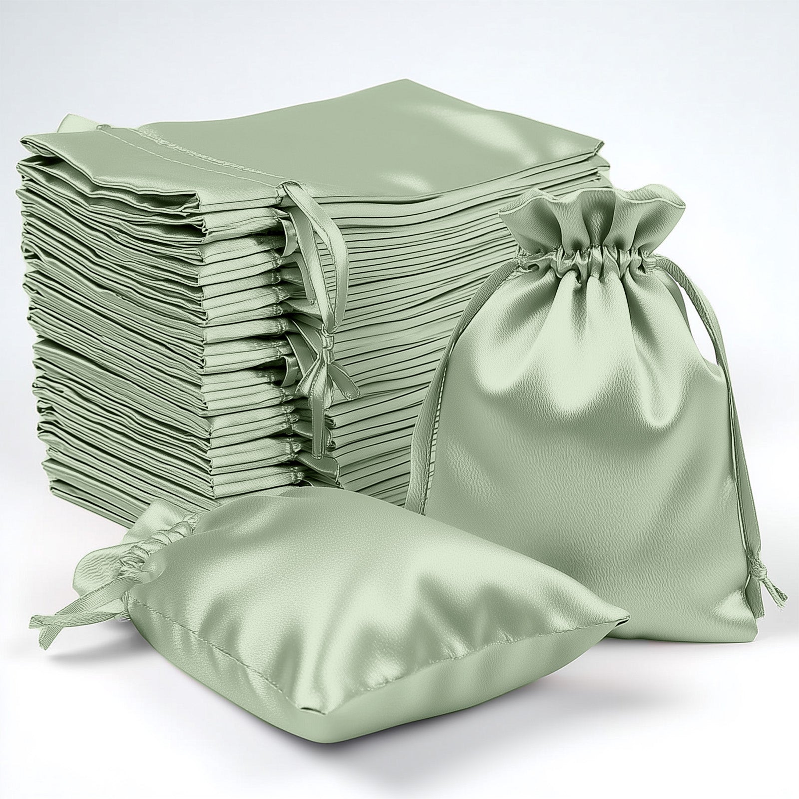 Sage green satin drawstring gift bags for weddings and parties.