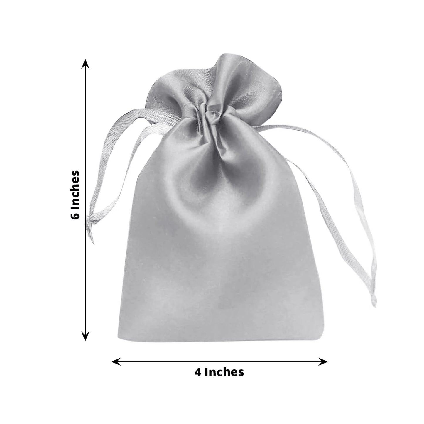 Silver satin drawstring pouch, 4"x6", perfect for wedding party favors.