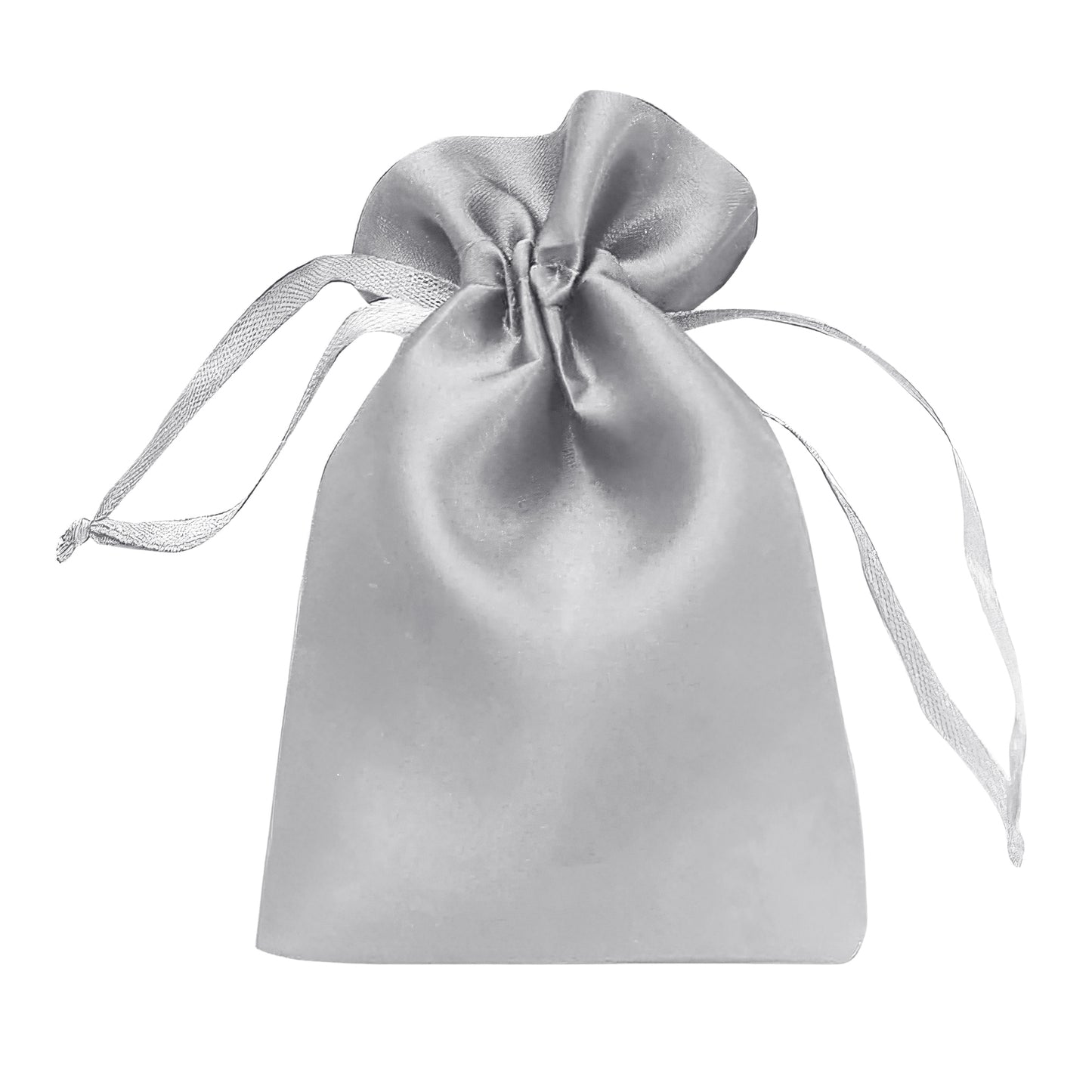 Silver satin drawstring pouch gift bag for weddings and parties.