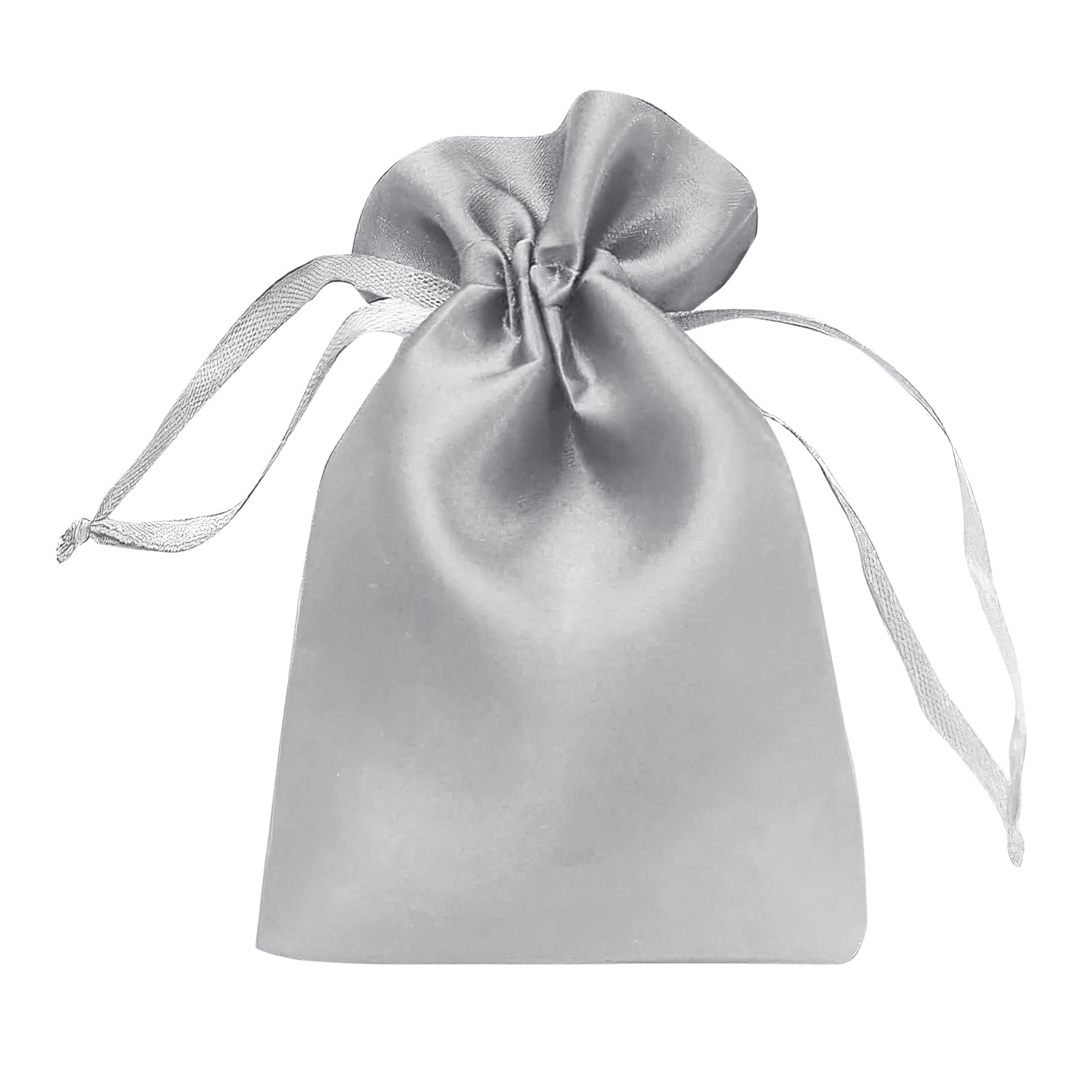 Silver satin drawstring pouch gift bag for weddings and parties.