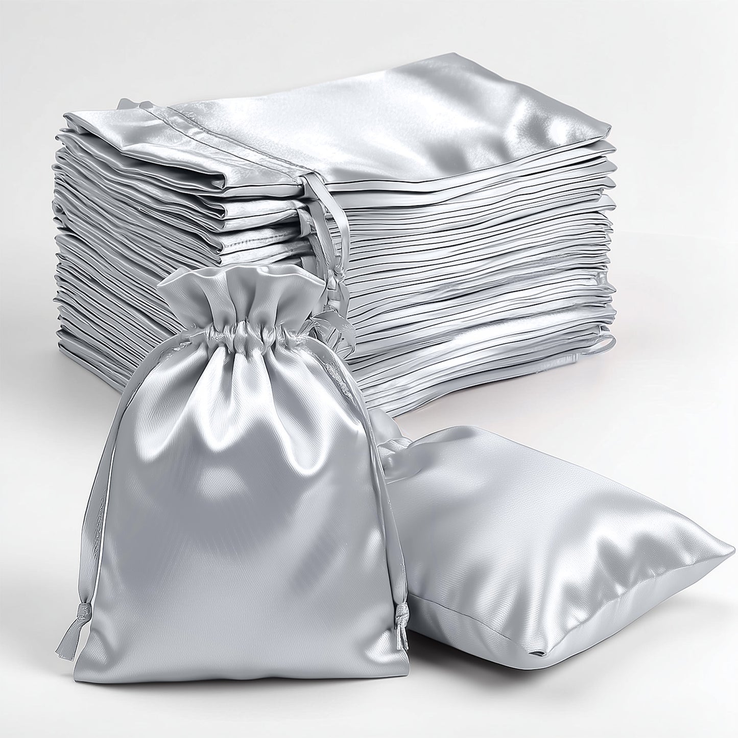 Silver satin drawstring pouch gift bags, perfect for wedding favors.