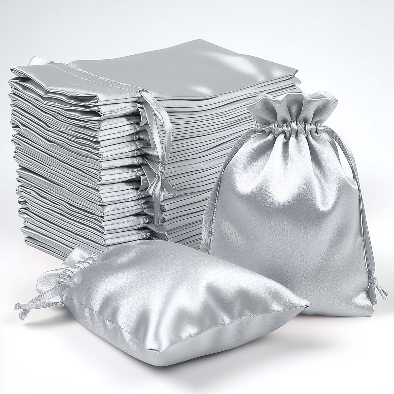 Silver satin drawstring bags for wedding party favors, 60 pack.
