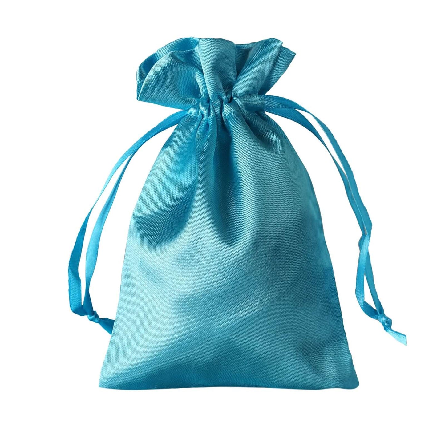 Turquoise satin drawstring pouch for wedding party favors.