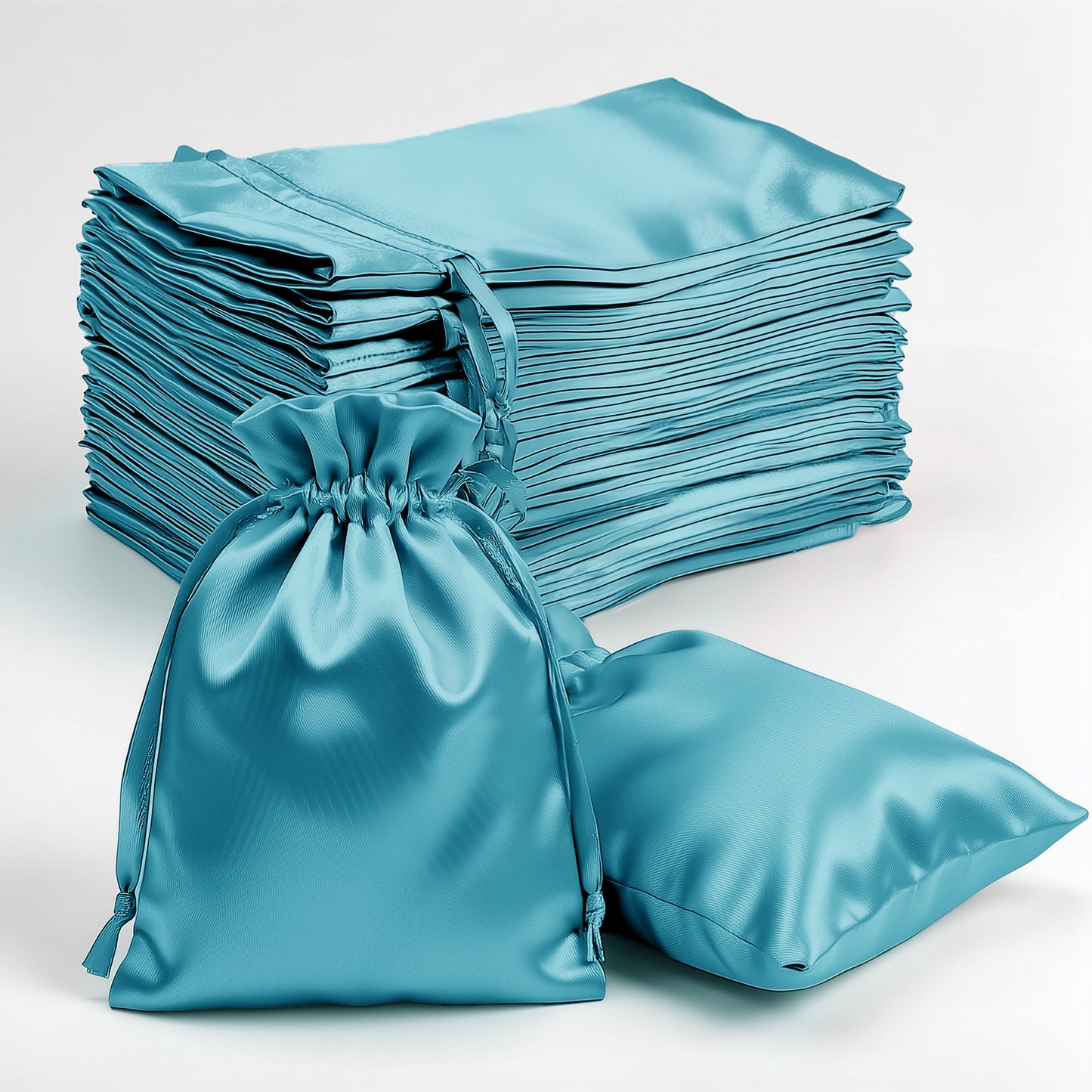 Turquoise satin drawstring gift bags for wedding party favors.