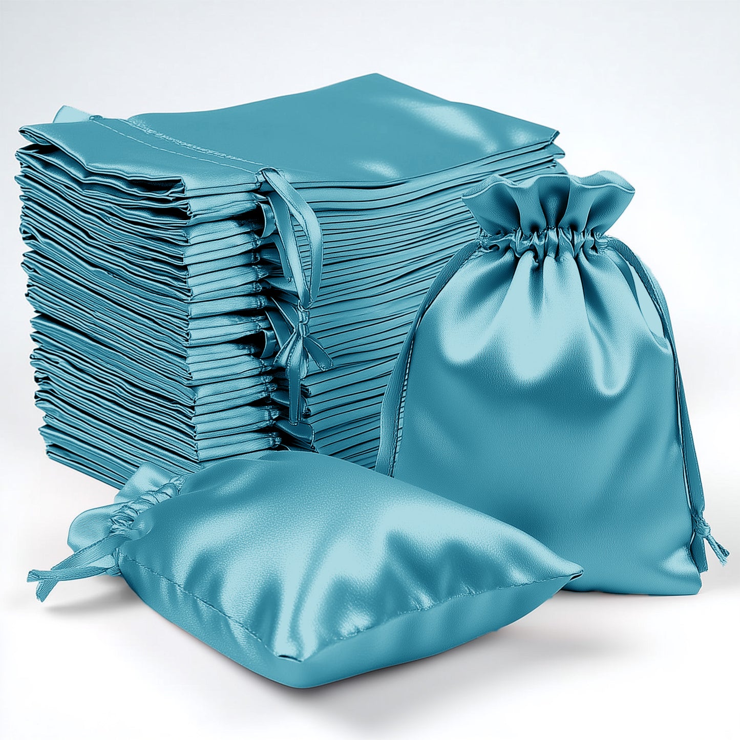 Turquoise satin drawstring pouches for wedding party favors, 60 pack.