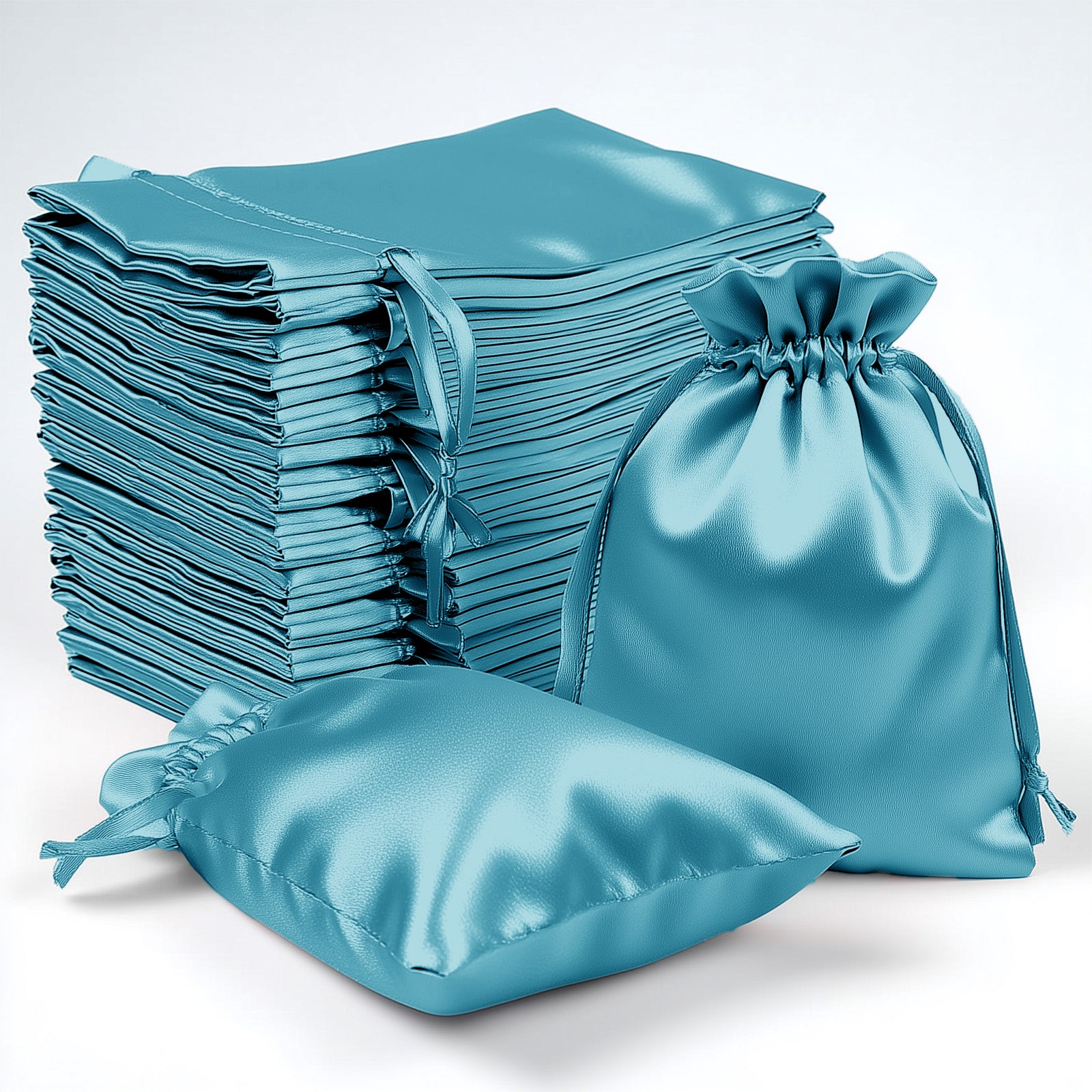 Turquoise satin drawstring pouches for wedding party favors, 60 pack.