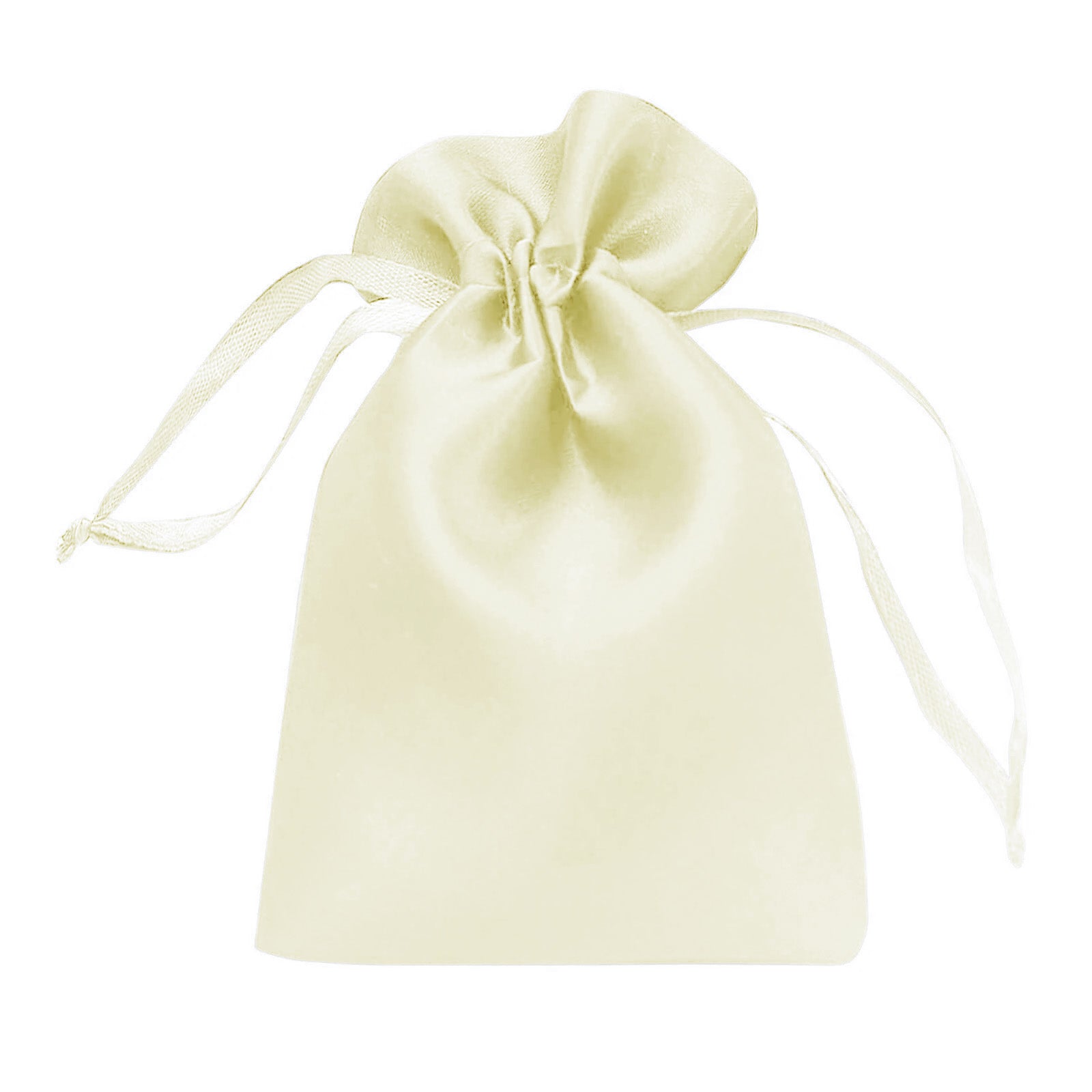 Cream satin drawstring pouch gift bag, perfect for wedding party favors.