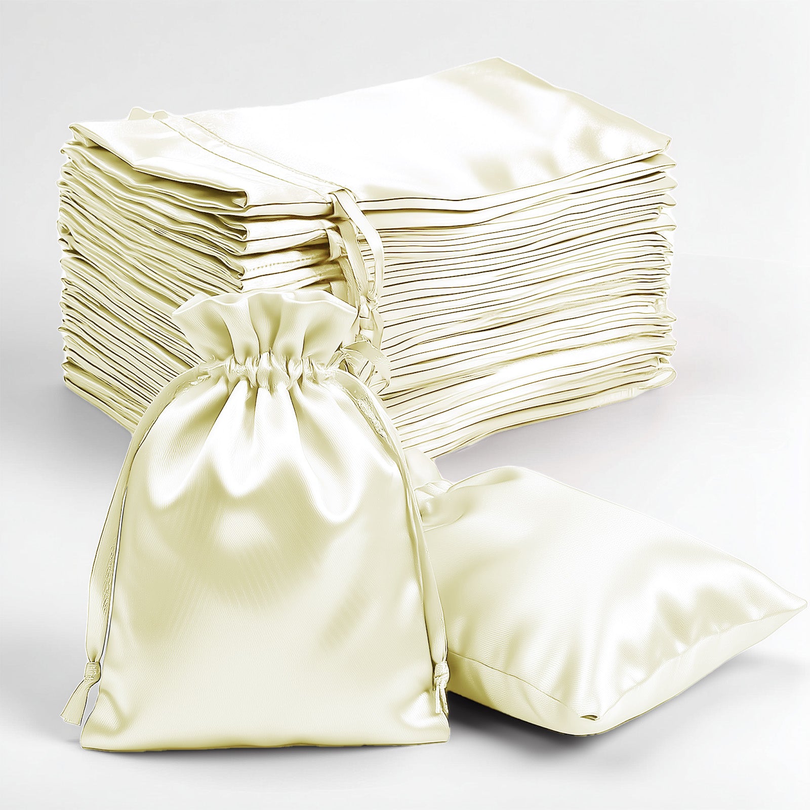 Yellow satin wedding favor bags, 60 pack, drawstring pouches.