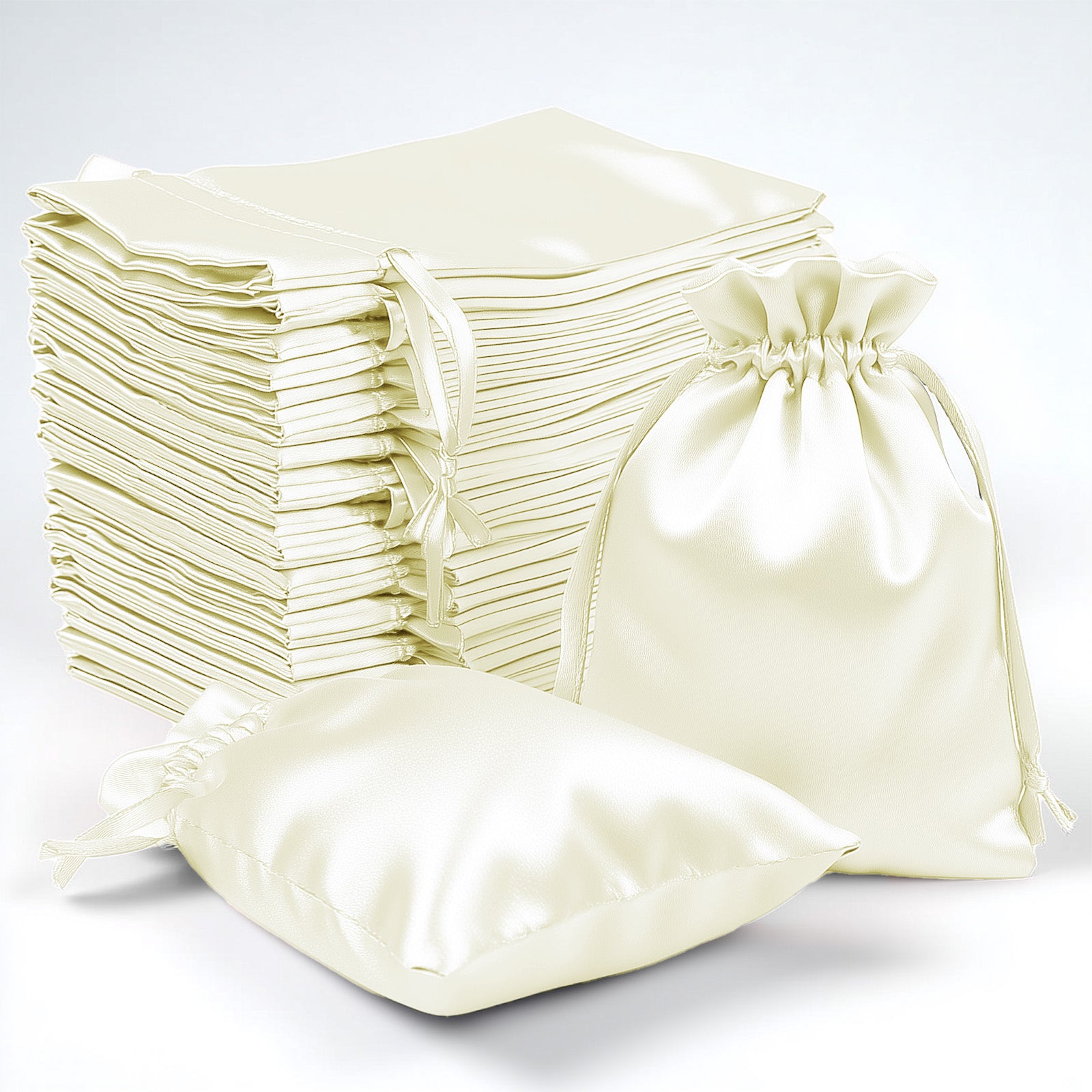 60 pack ivory satin drawstring pouches for wedding party favors.
