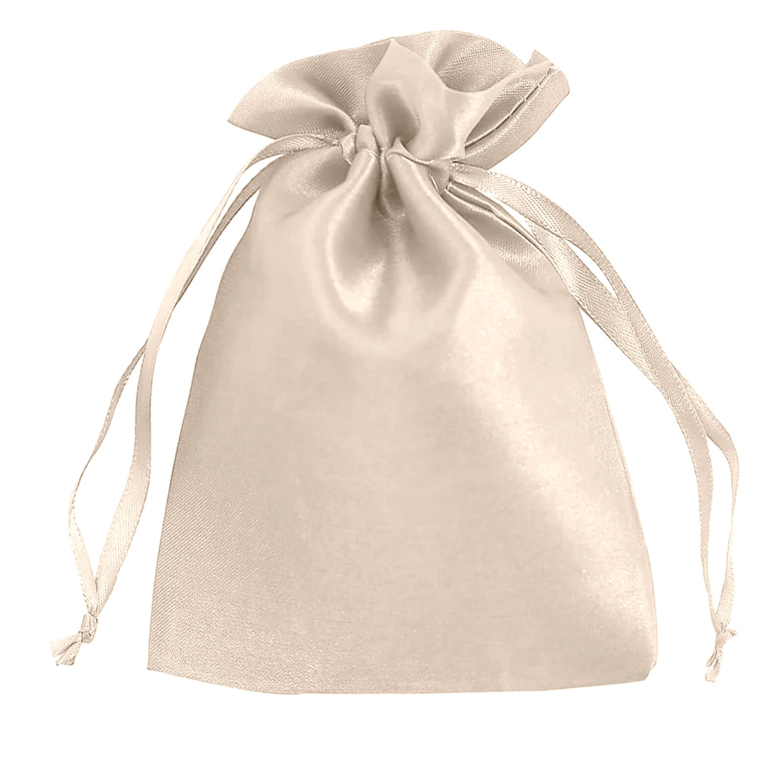 Beige satin drawstring gift bags for wedding party favors.