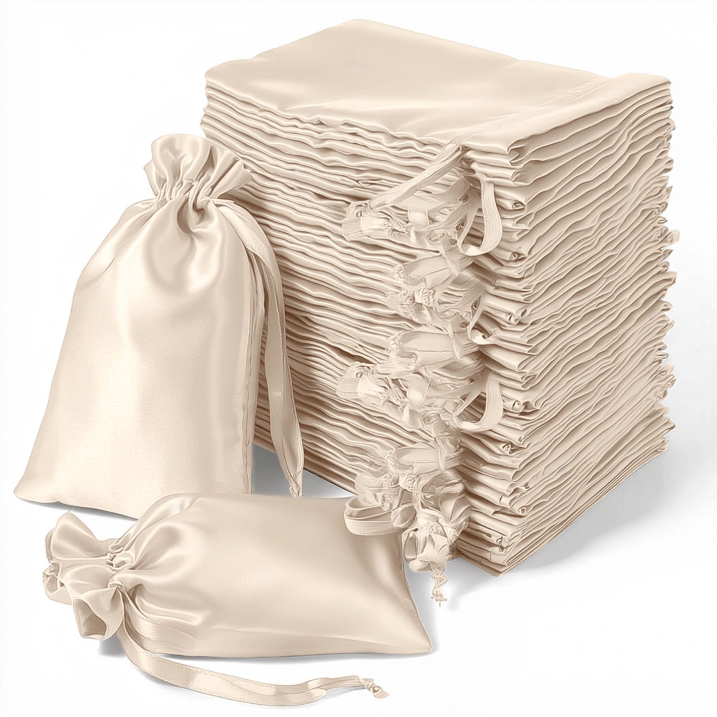 Beige satin drawstring bags for wedding party favors, 60 pack.