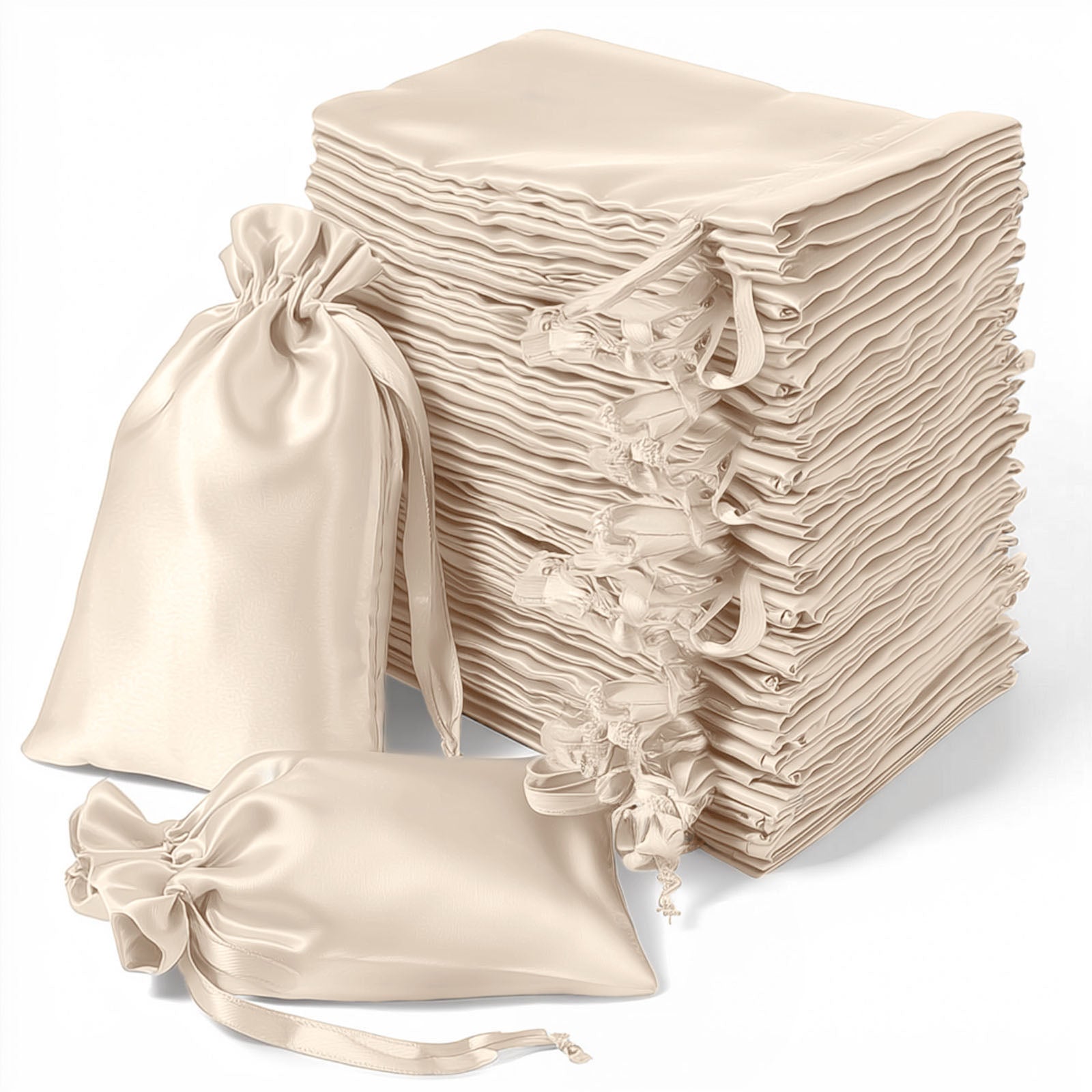 Beige satin drawstring bags for wedding party favors, 60 pack.