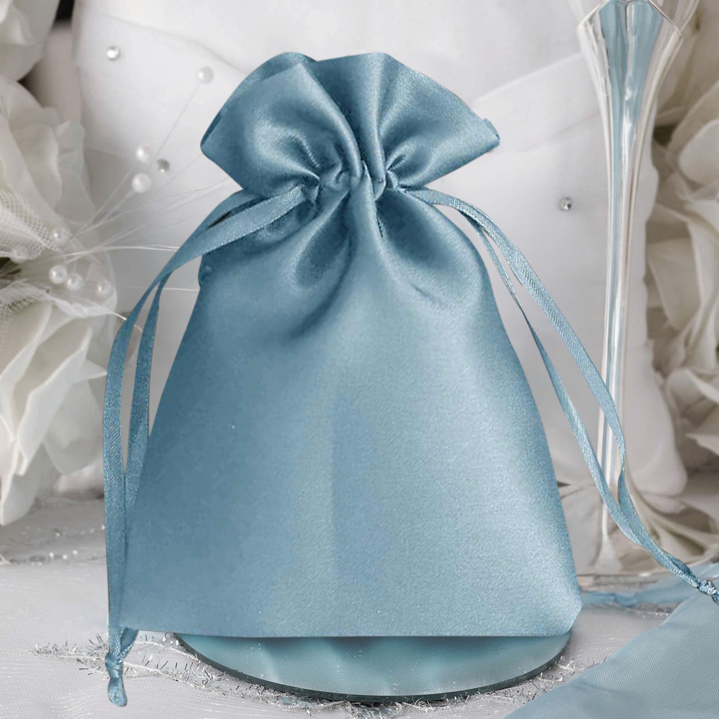 12 Pack 5"x7" Dusty Blue Satin Drawstring Wedding Party Favor Gift Bags