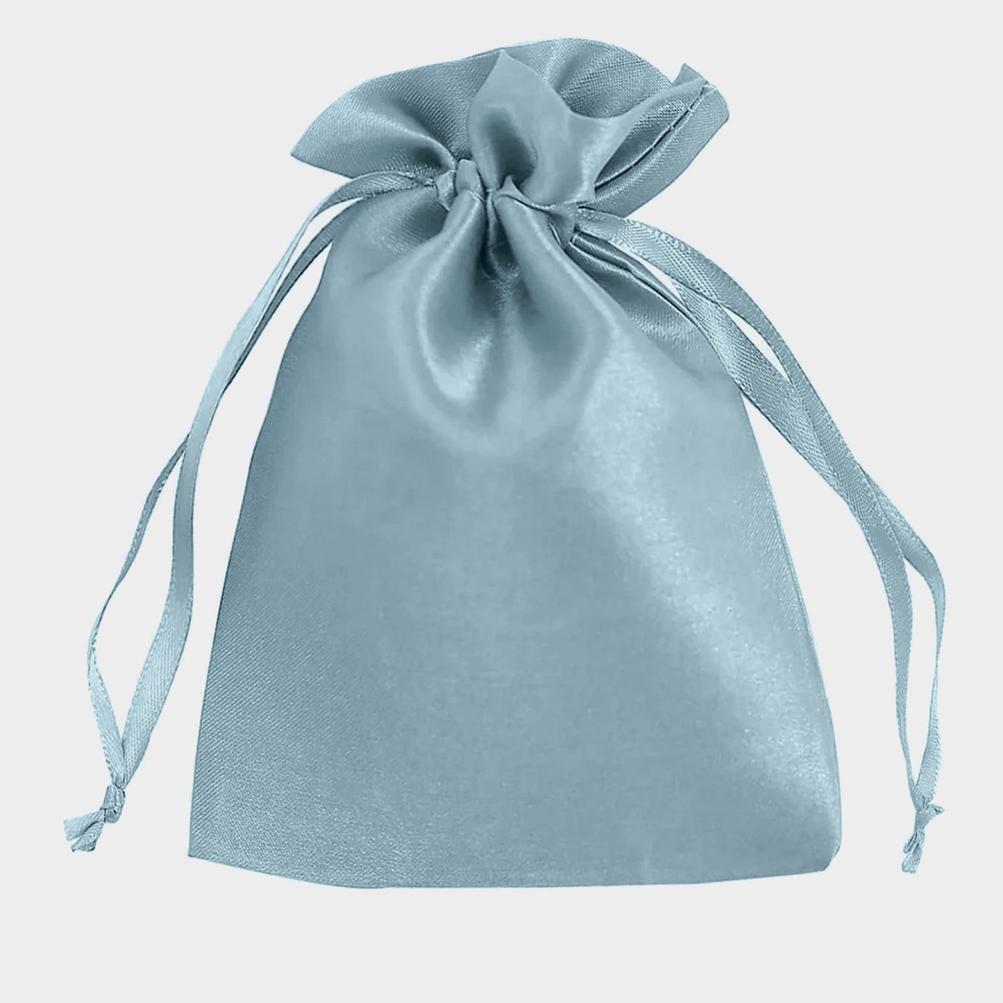 Dusty blue satin drawstring gift bag for weddings and parties.