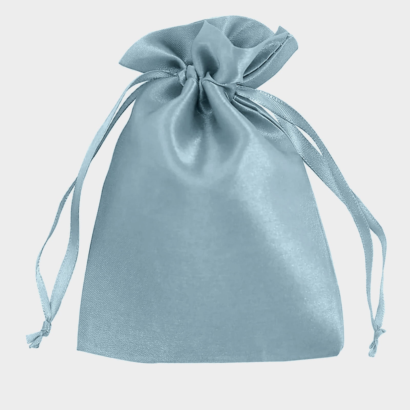 Dusty blue satin drawstring gift bag for weddings and parties.