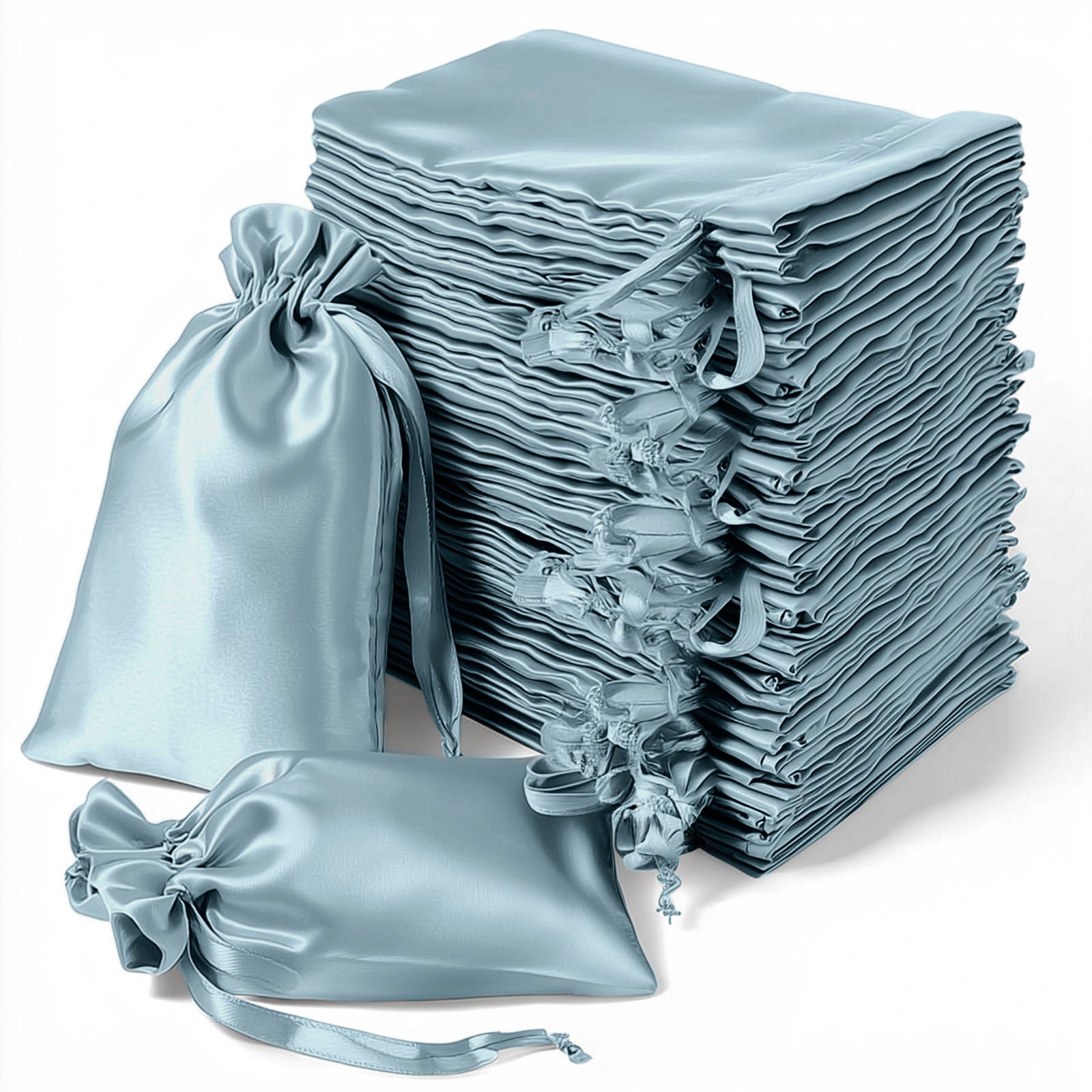 Dusty blue satin drawstring wedding favor gift bags, 60 pack.