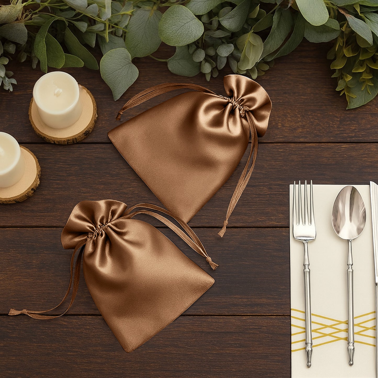 Antique gold satin drawstring gift bags for wedding party favors.