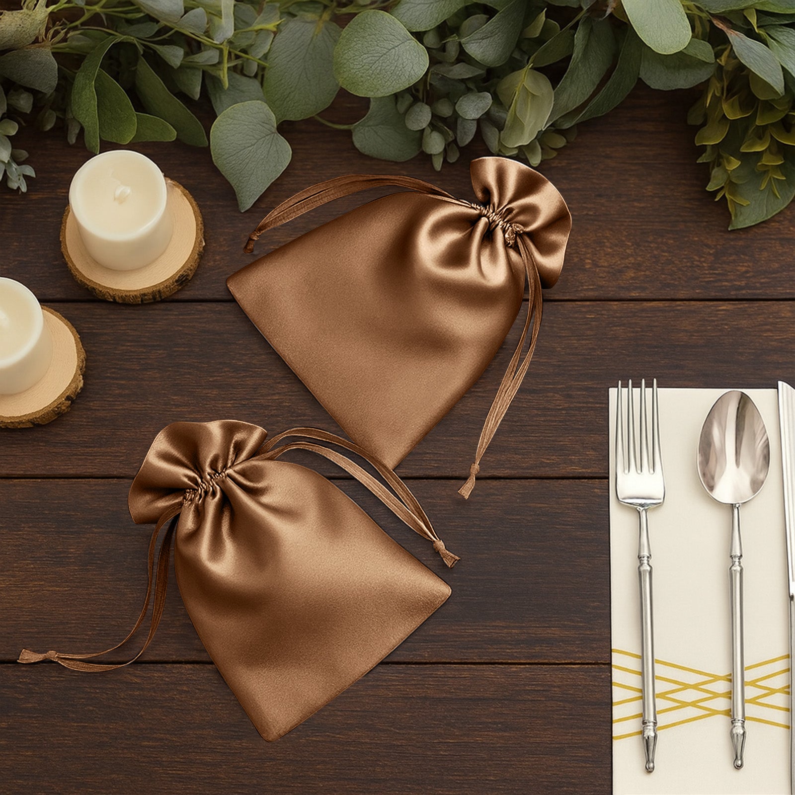 Antique gold satin drawstring gift bags for wedding party favors.