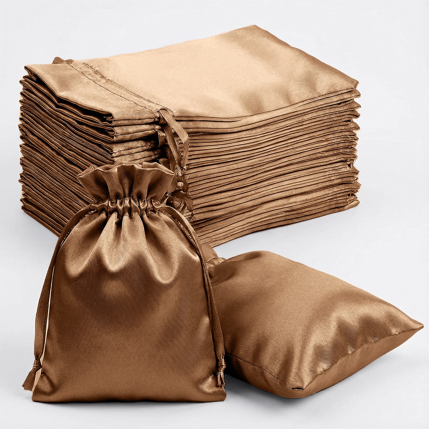 Antique gold satin drawstring gift bags for weddings and parties, 60 pack.