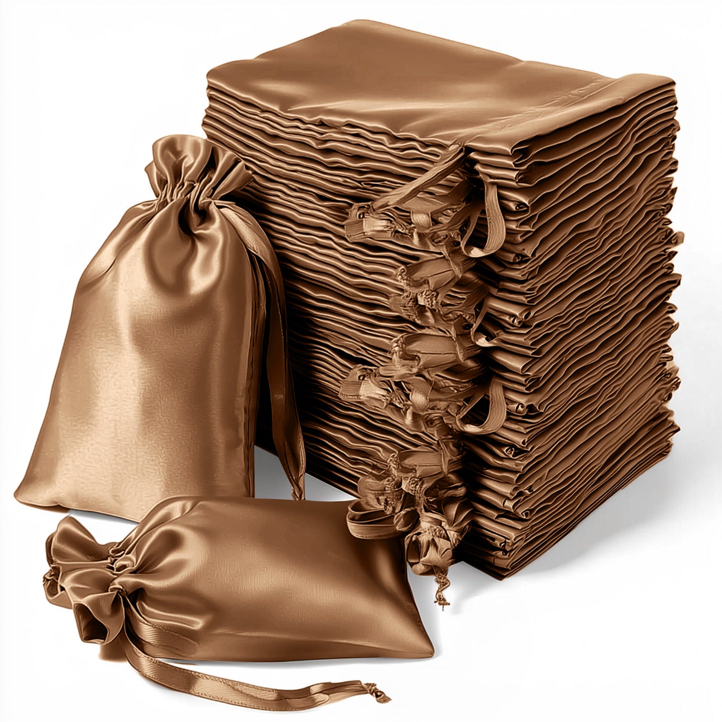 Antique gold satin drawstring gift bags for wedding party favors, 60 pack.