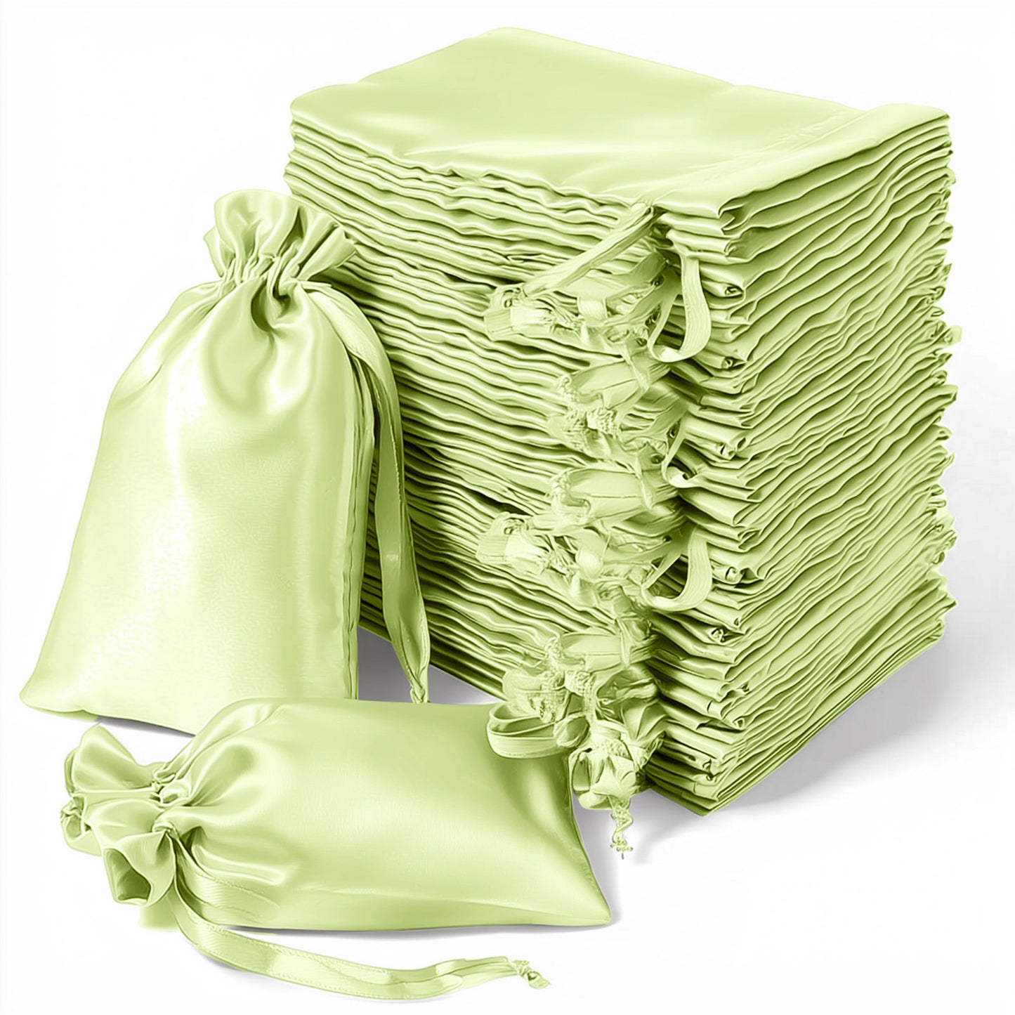 Apple green satin drawstring gift bags, 60 pack, 5"x7" for weddings and parties.