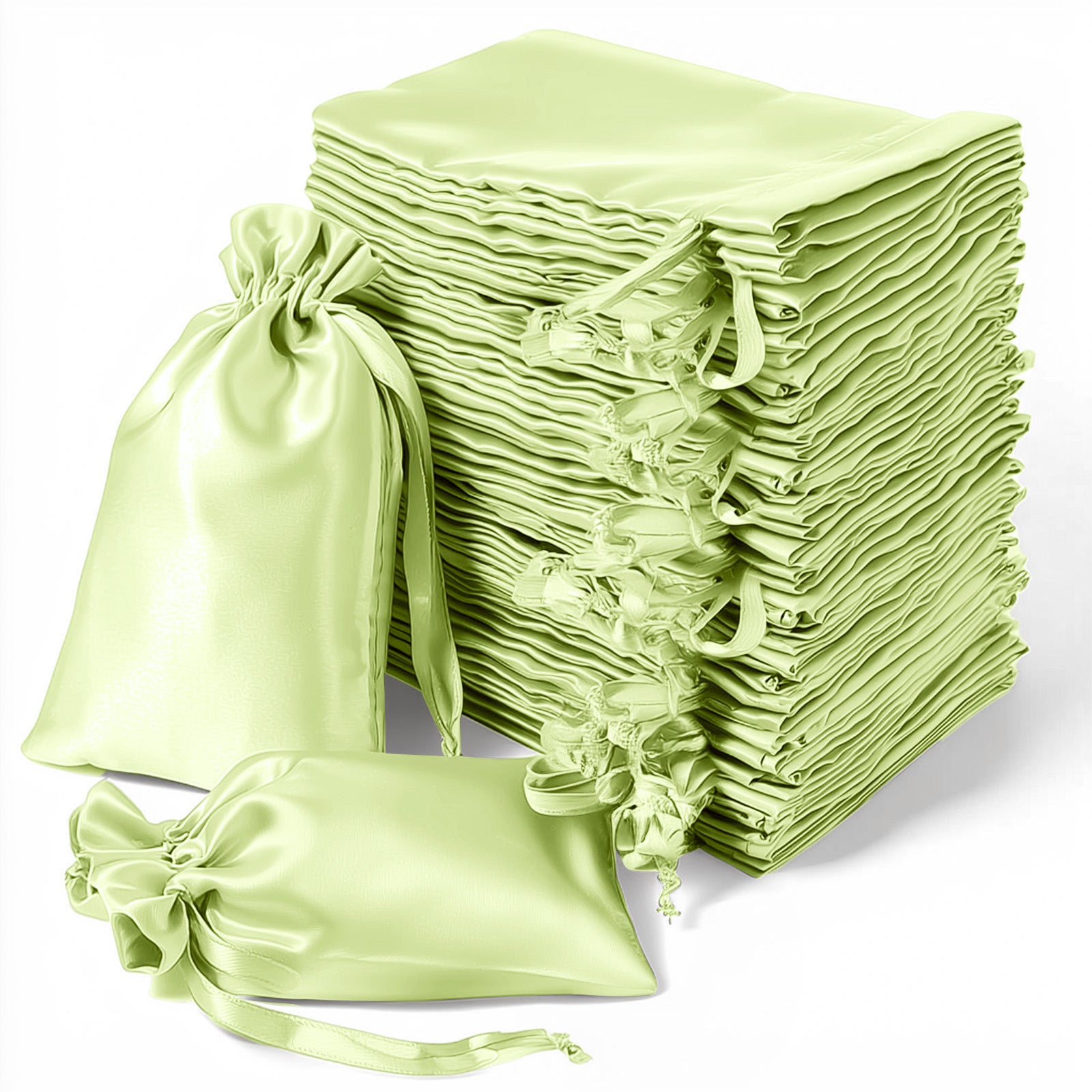 Apple green satin drawstring gift bags, 60 pack, 5"x7" for weddings and parties.