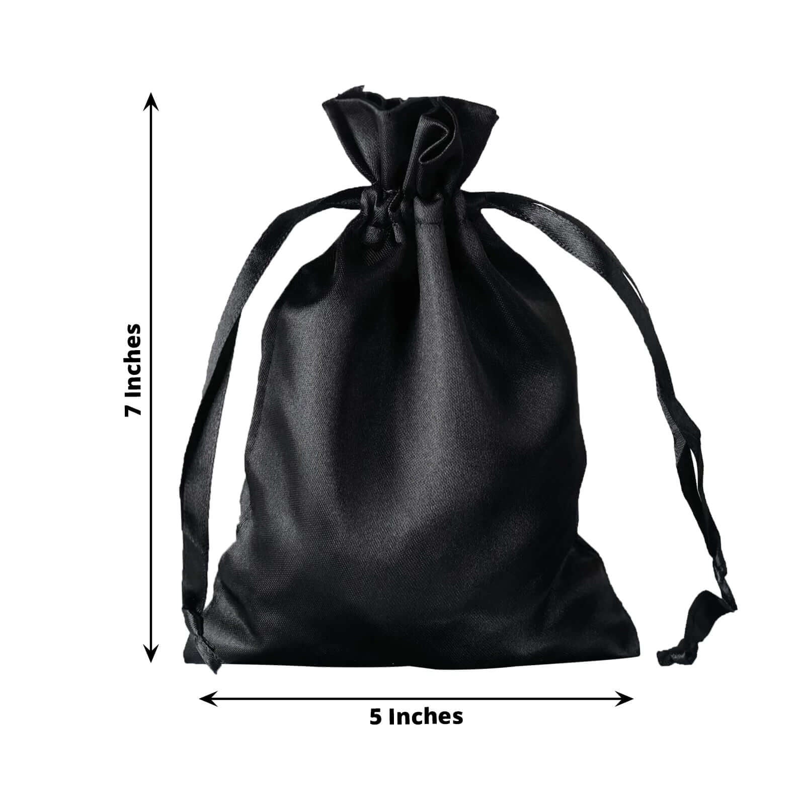 Black satin drawstring gift bag, 5"x7", perfect for wedding favors.
