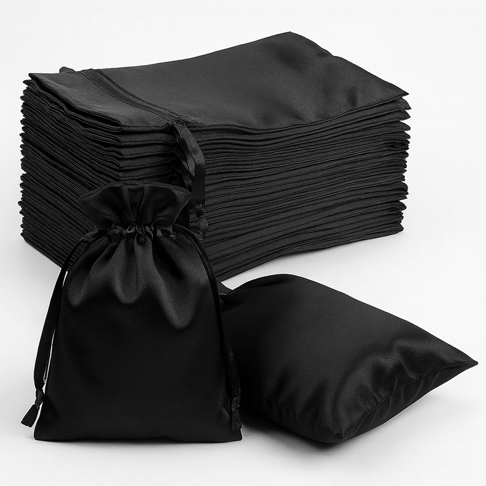 Black satin drawstring gift bags for weddings, 60 pack, 5"x7".