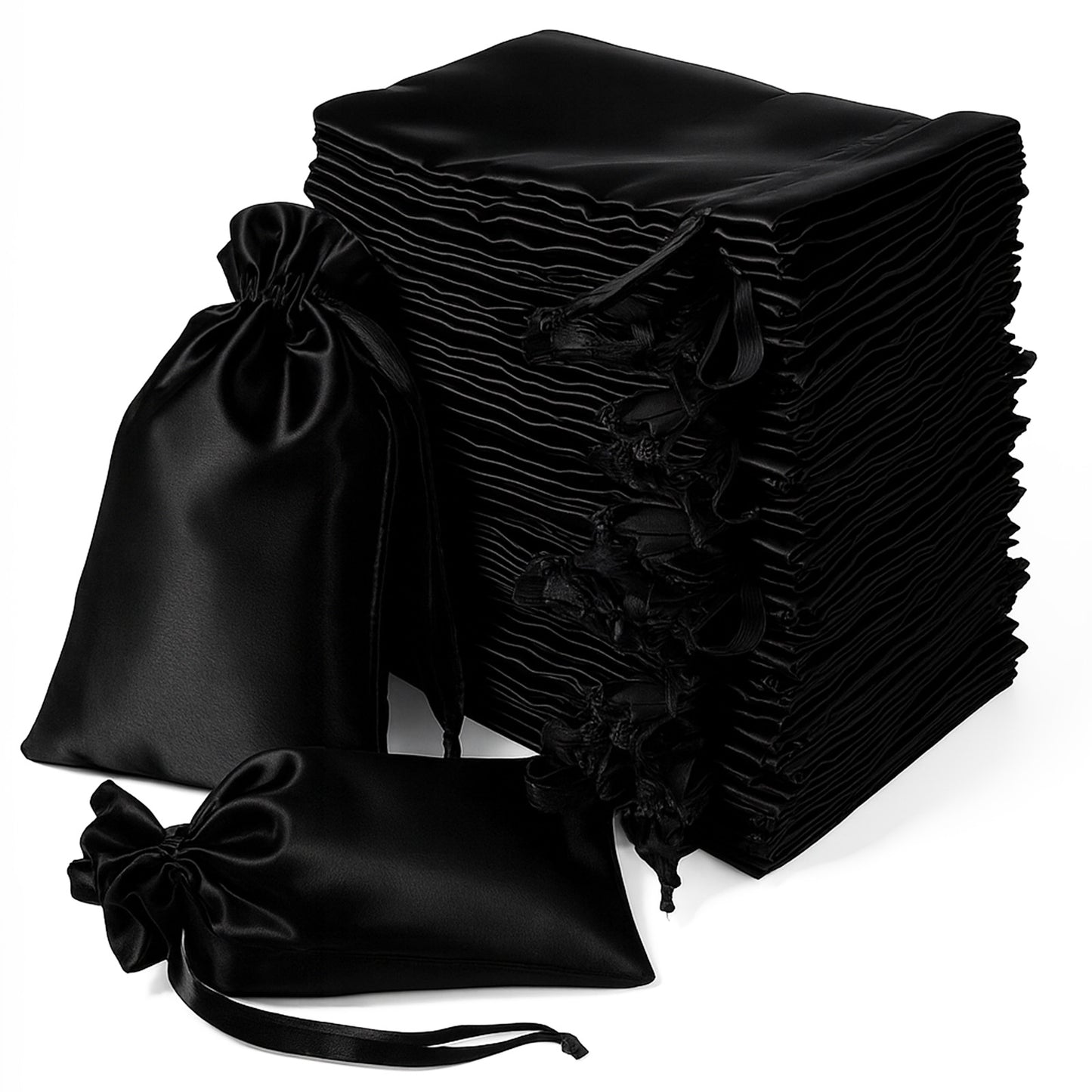 Black satin drawstring wedding favor gift bags, 60 pack.