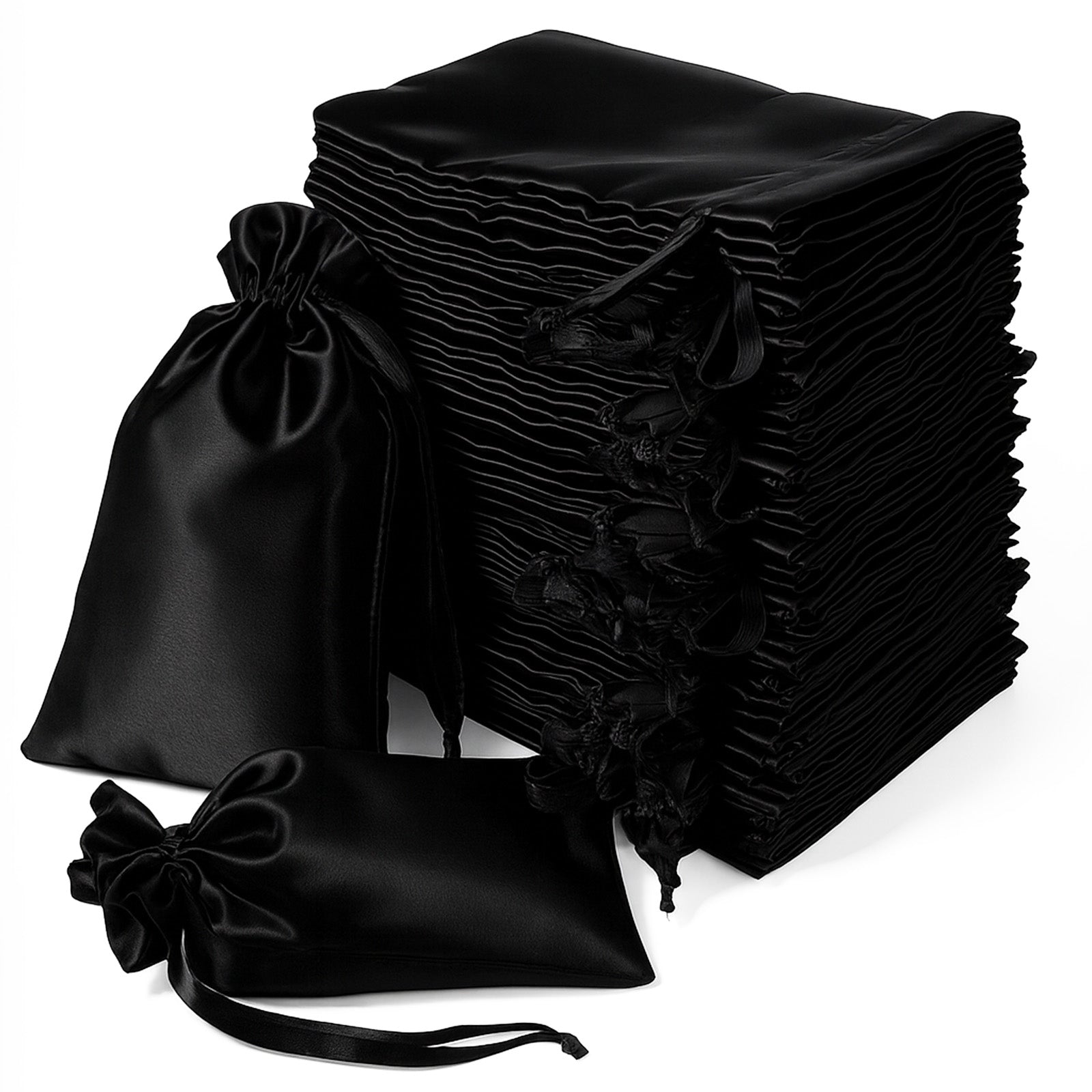 Black satin drawstring wedding favor gift bags, 60 pack.
