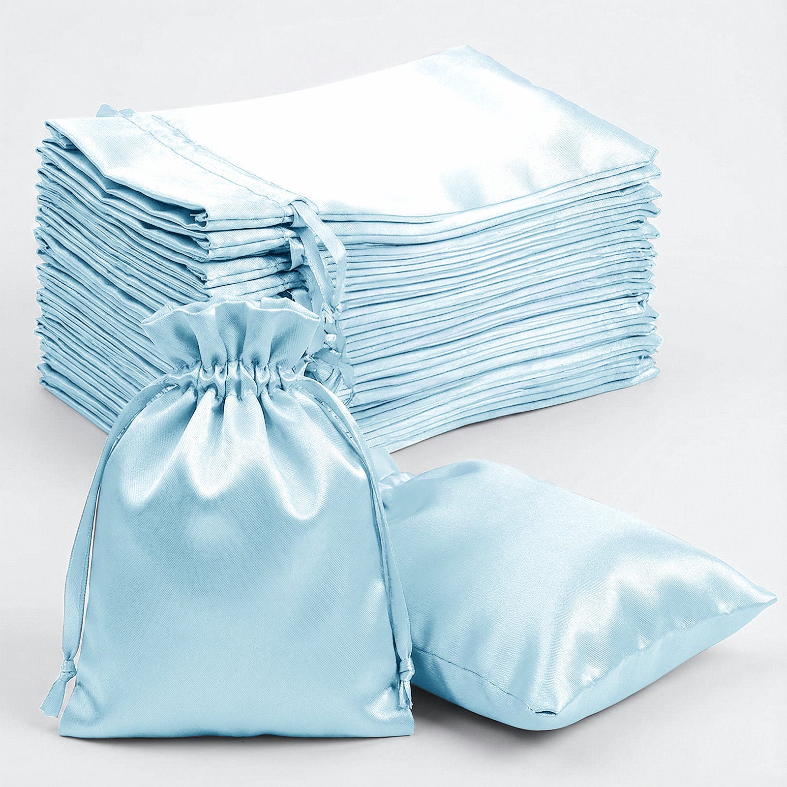 Light blue satin drawstring bags for wedding party favors, 60 pack.